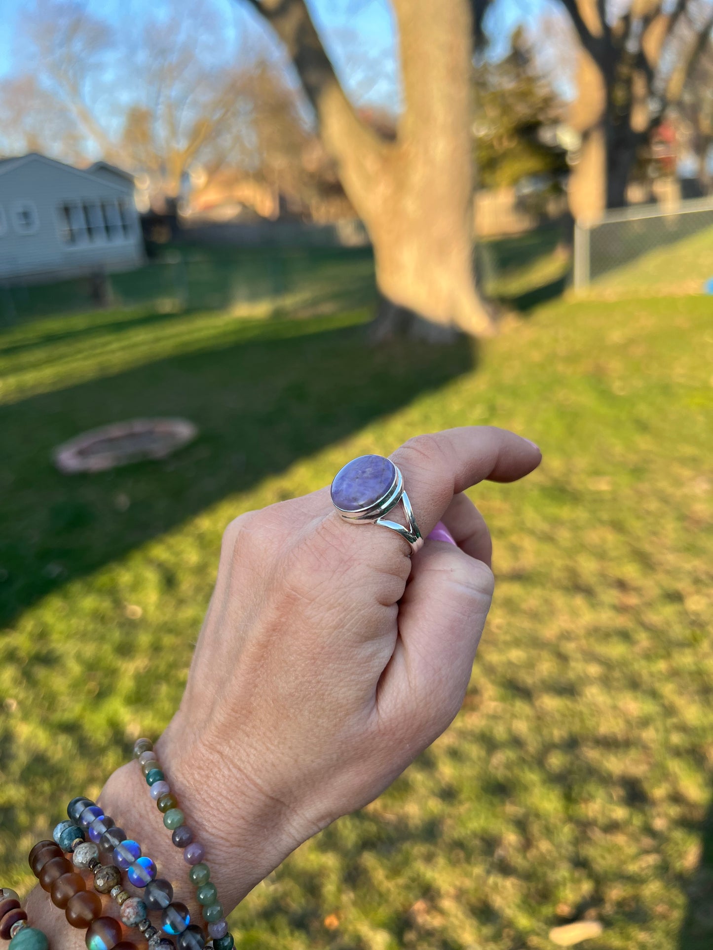 Perfect Purple Jade Sterling Silver Ring size 9