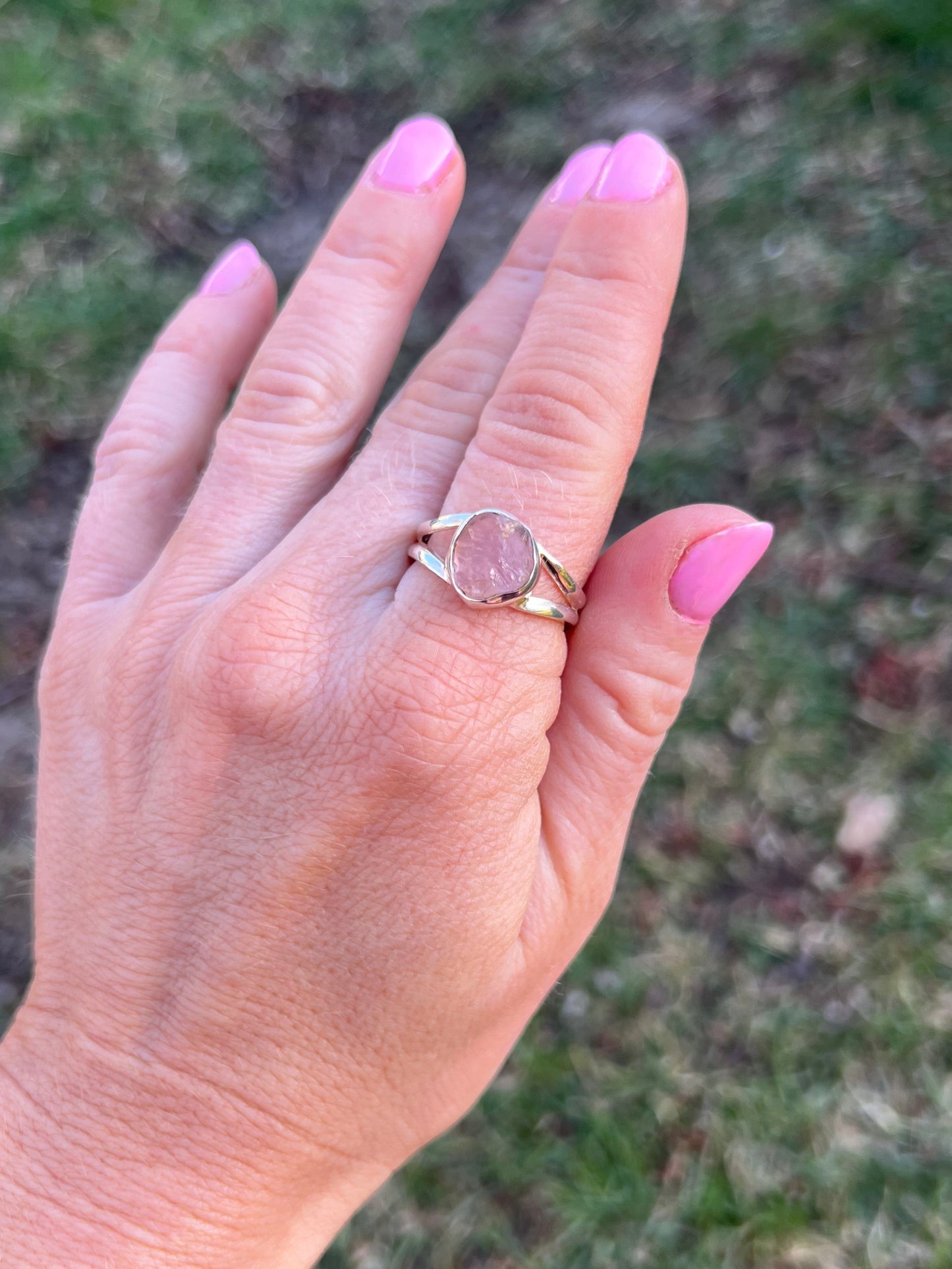 Raw Rose Quartz Sterling Silver Ring – Size 9