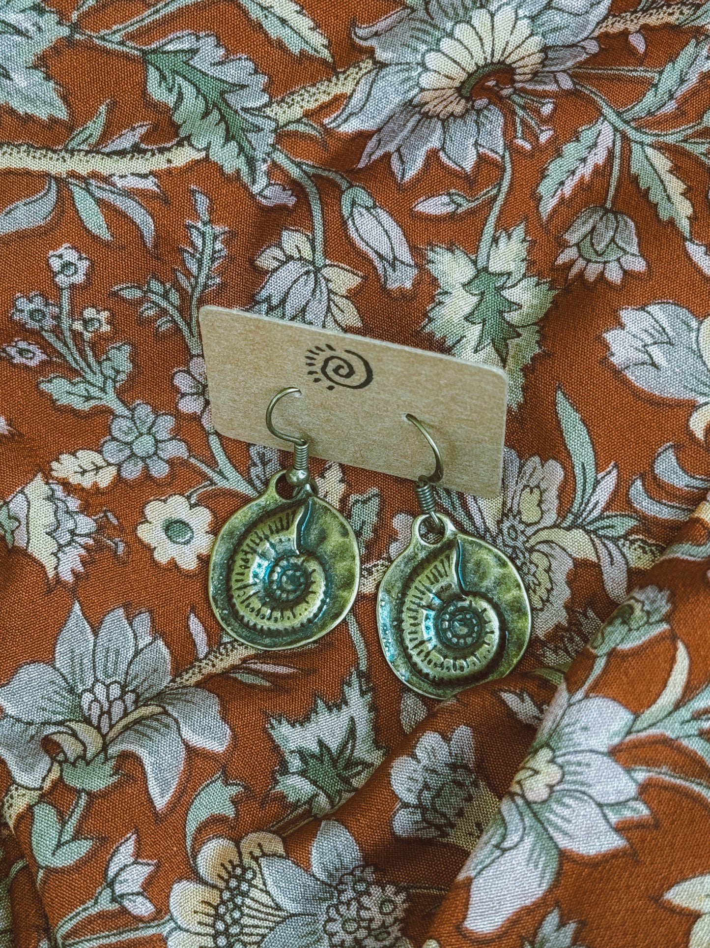 Ammonite Spiral Charm Earrings – Bronze Plated
