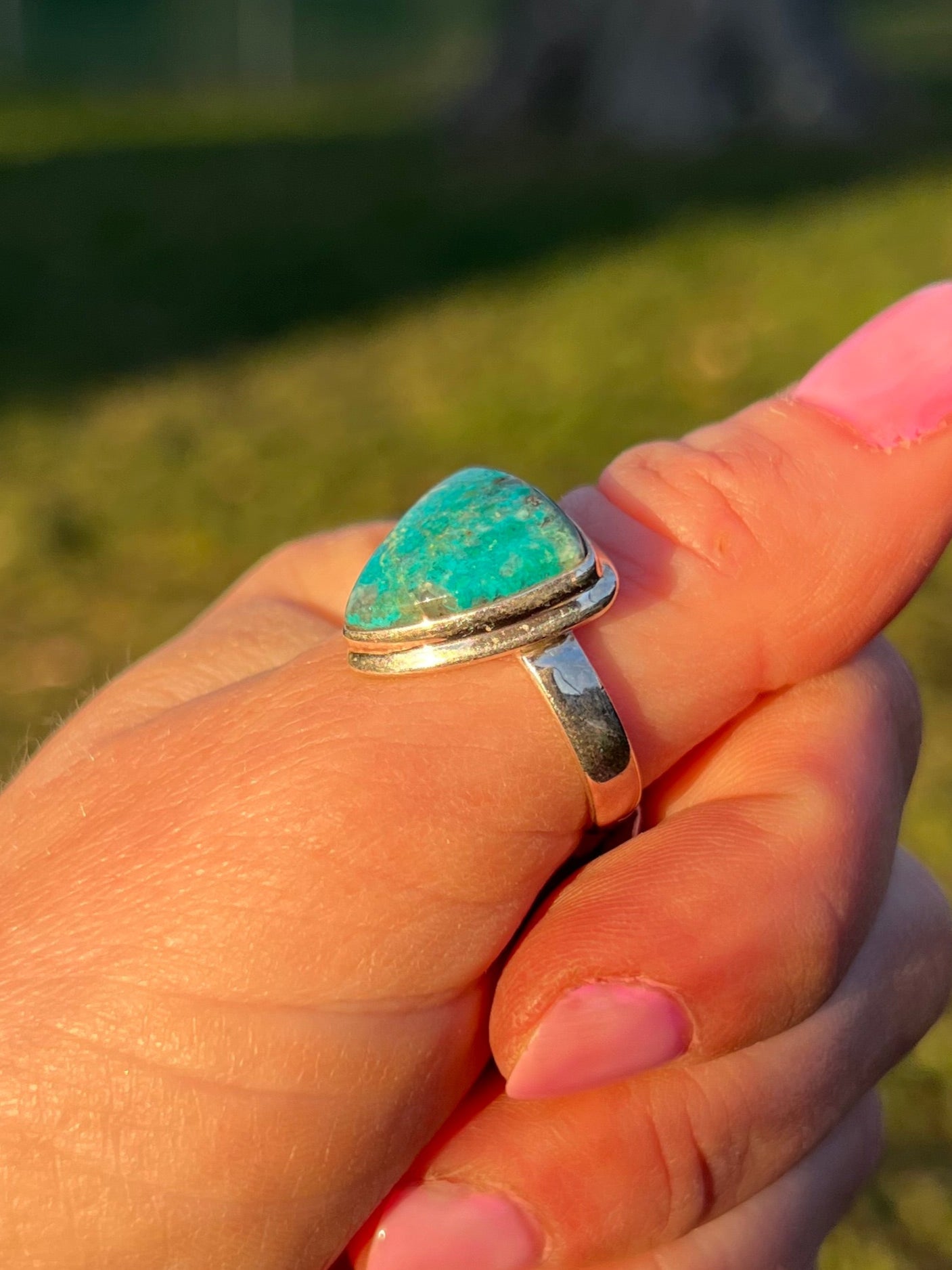 Chrysocolla Sterling Silver Triangle Ring – Size 8