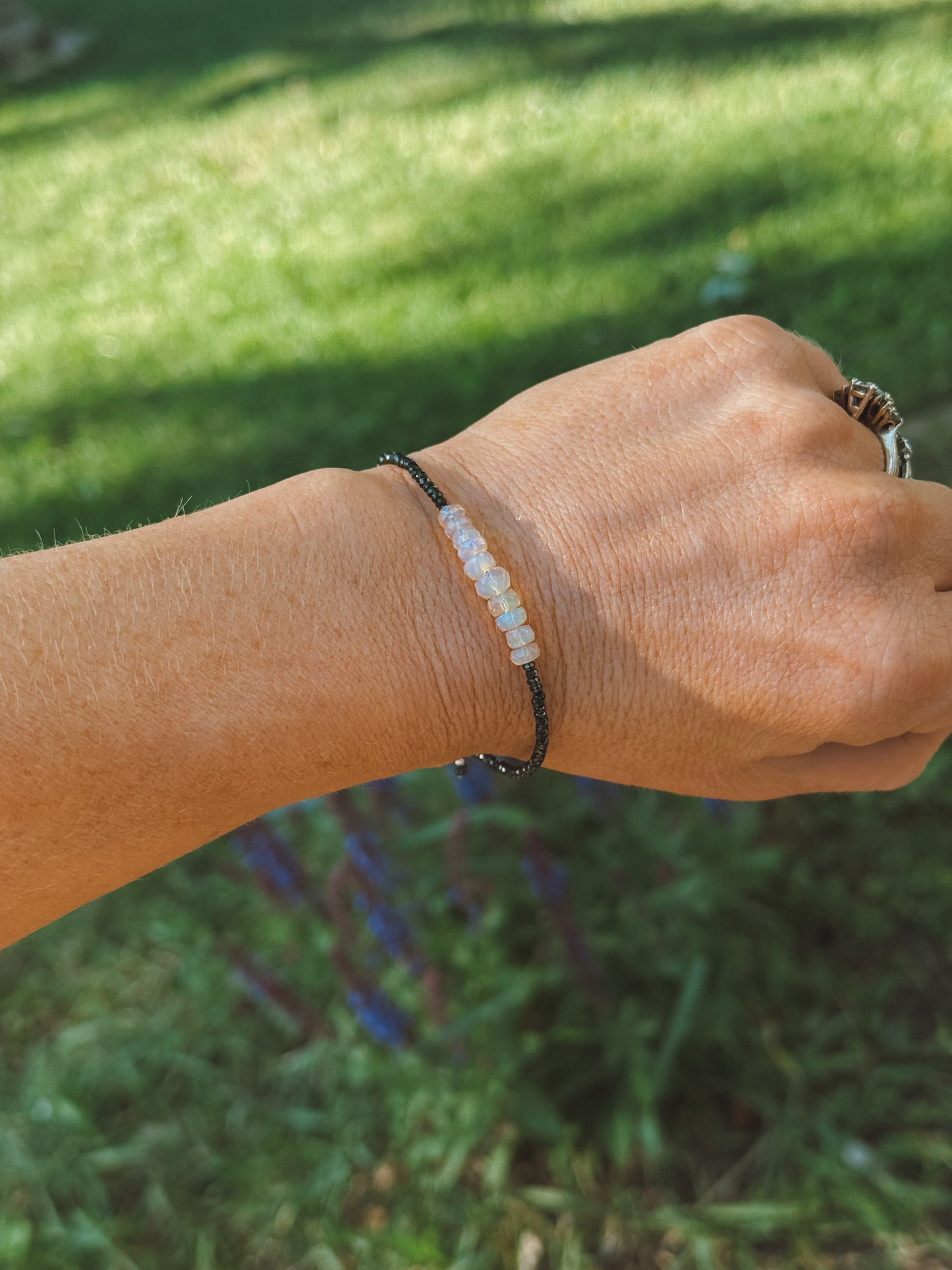 Faceted Ethiopian Opal & Black Spinel Sterling adjustable bracelet