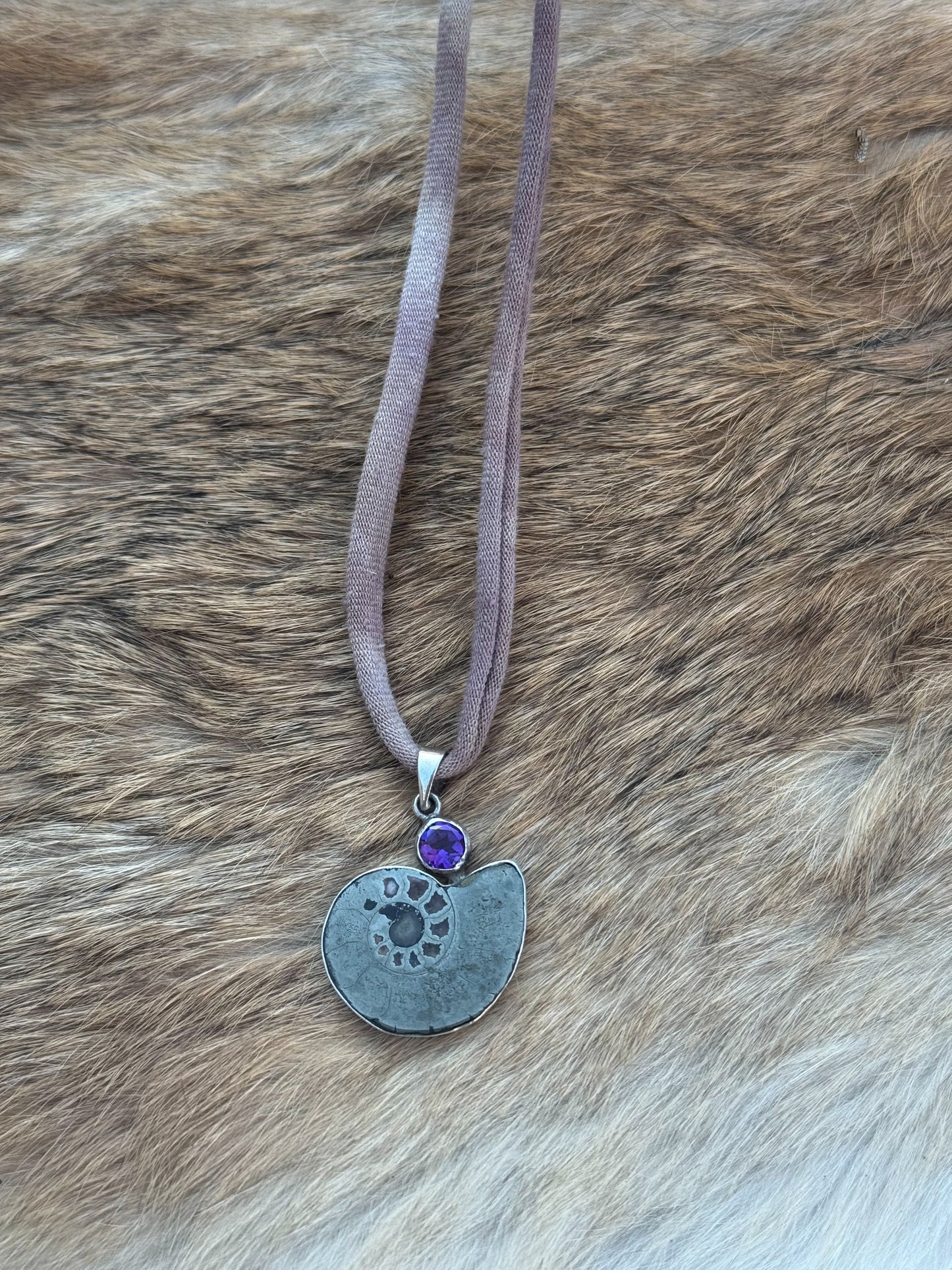 Ancient Spirals // Pyrite Ammonite & Amethyst Sterling Pendant