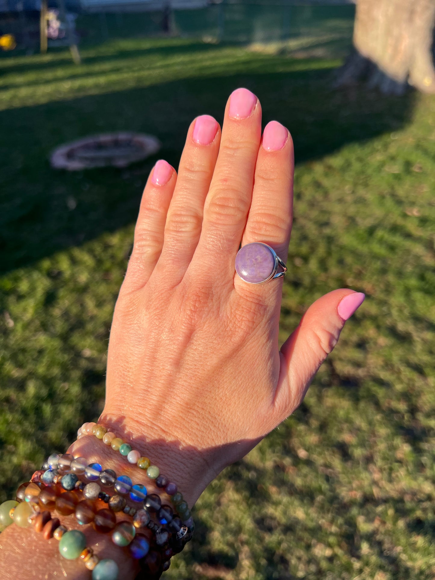Perfect Purple Jade Sterling Silver Ring size 9