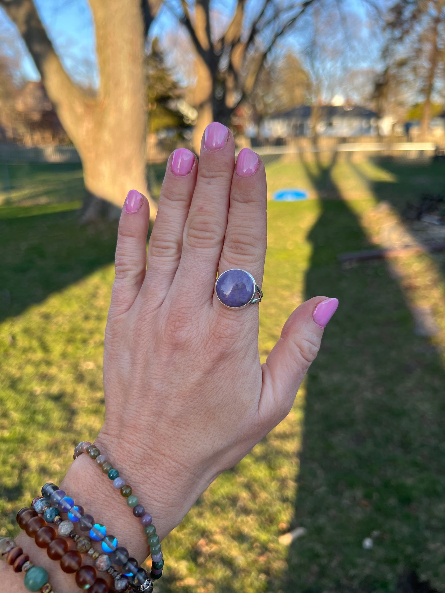 Perfect Purple Jade Sterling Silver Ring size 9