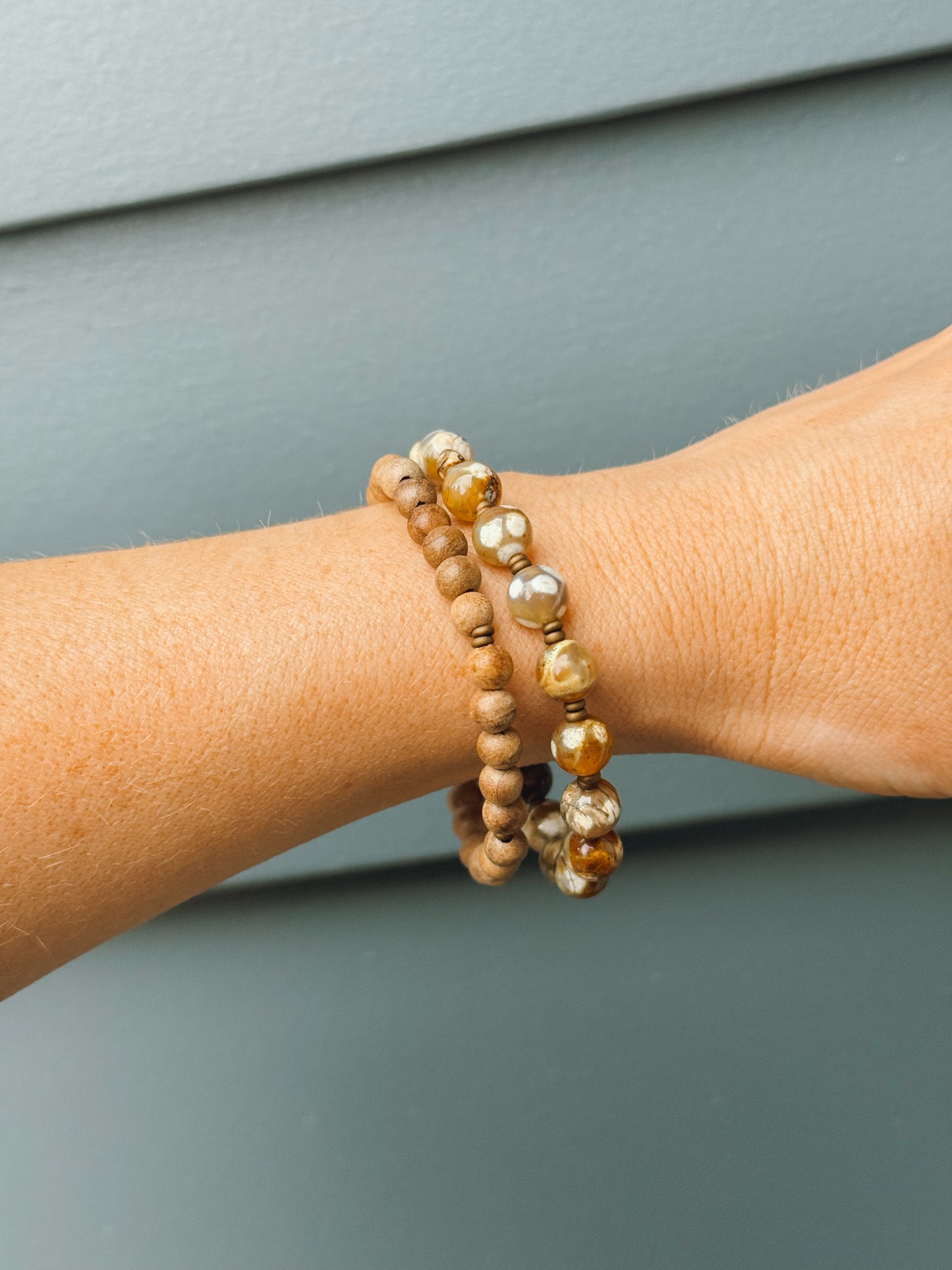 Desert Clouds Bracelet Set // Flower Agate & Sandalwood