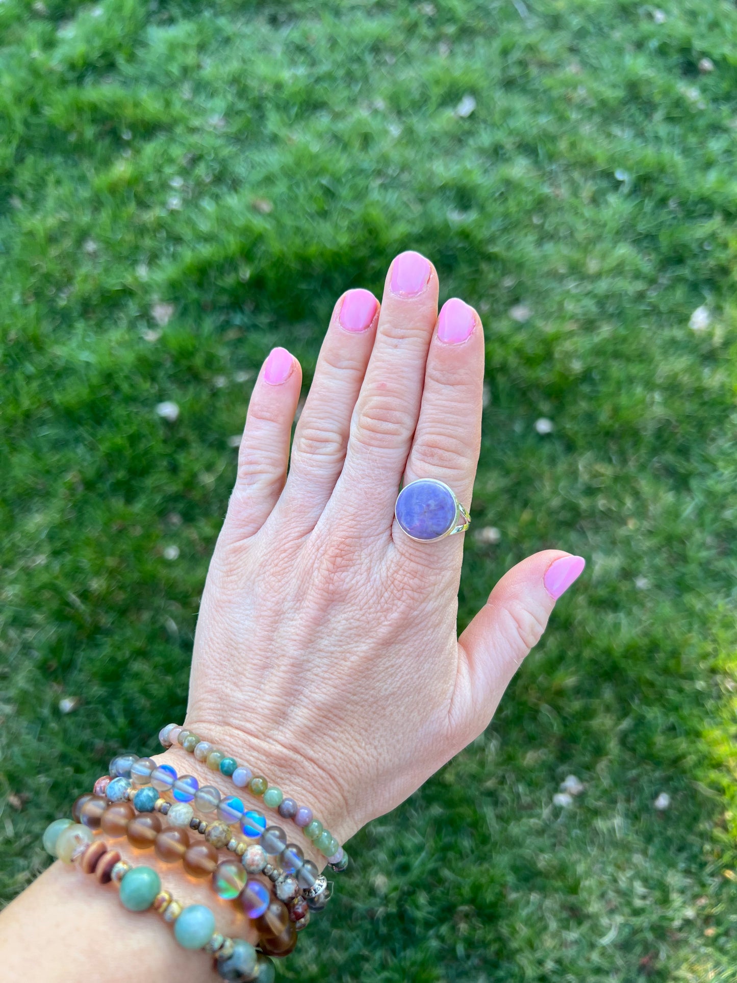 Perfect Purple Jade Sterling Silver Ring size 9