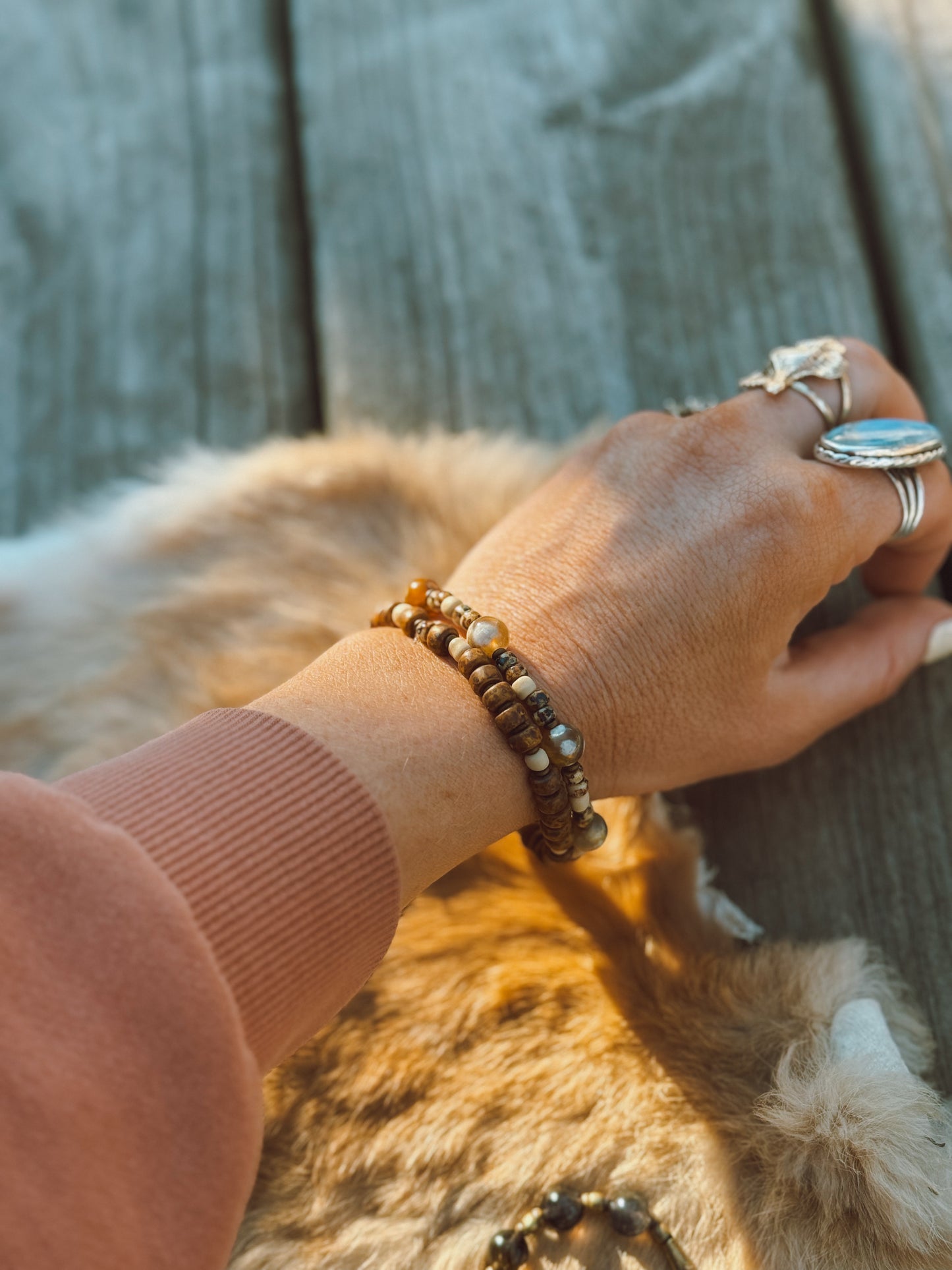 Sand & stone bracelet set // flower agate