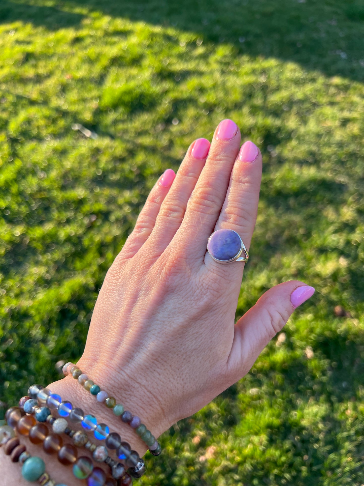 Perfect Purple Jade Sterling Silver Ring size 9