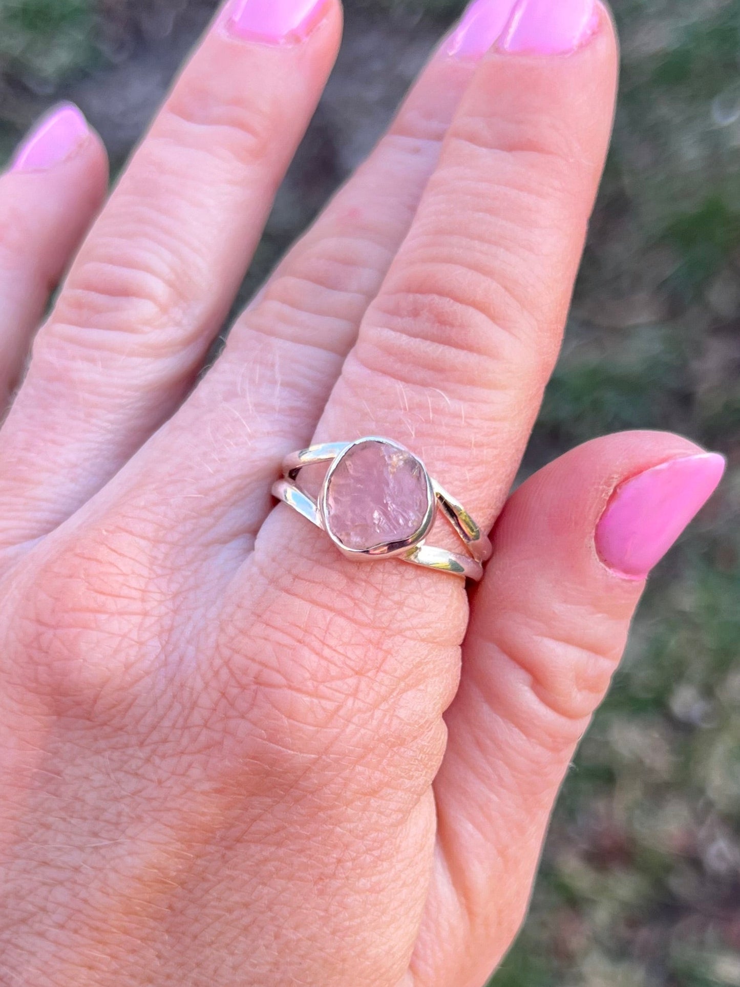 Raw Rose Quartz Sterling Silver Ring – Size 9