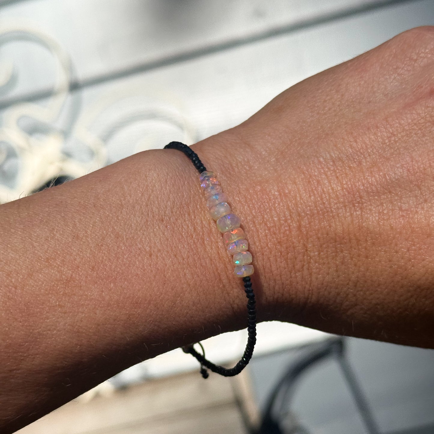 Faceted Ethiopian Opal & Black Spinel Sterling adjustable bracelet