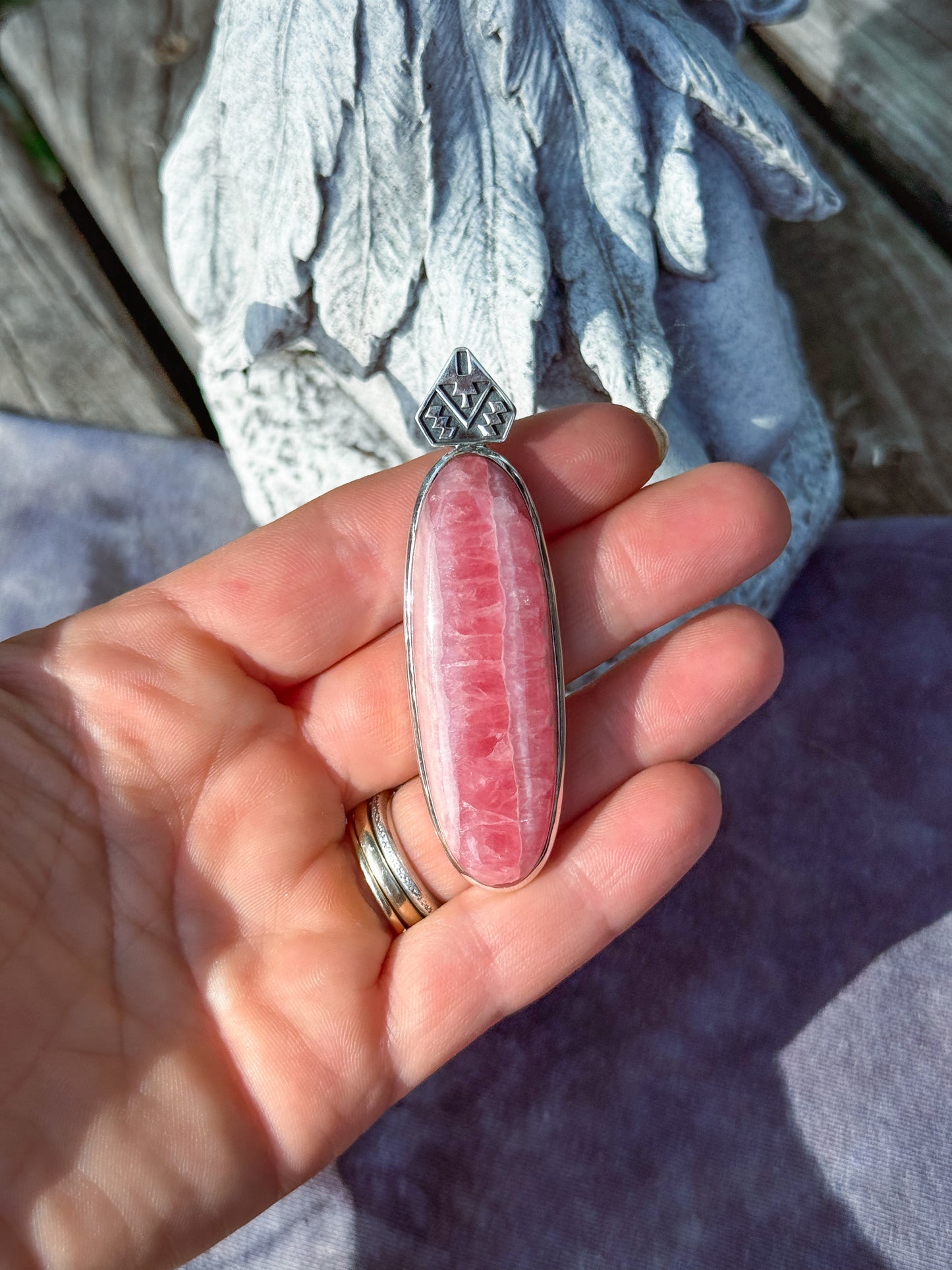 Rhodochrosite Aztec Pendant Sterling Silver