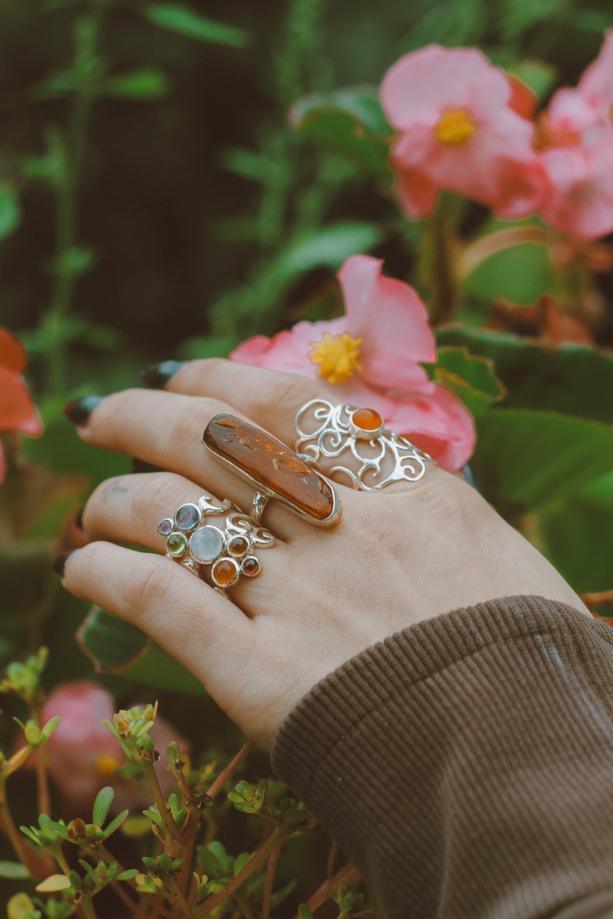 Golden Ember | Large Amber Sterling Silver Statement Ring | size 9