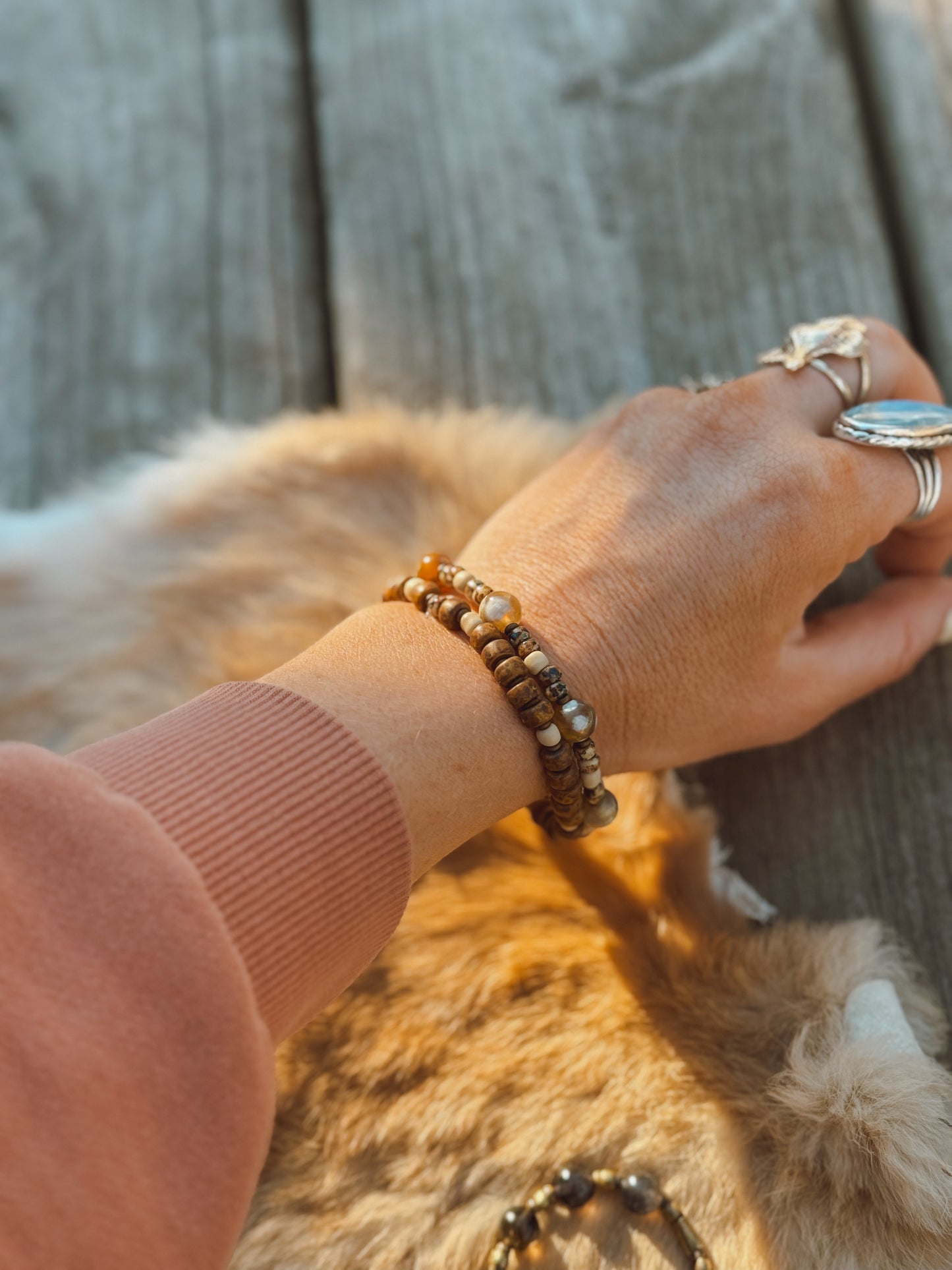 Sand & stone bracelet set // flower agate