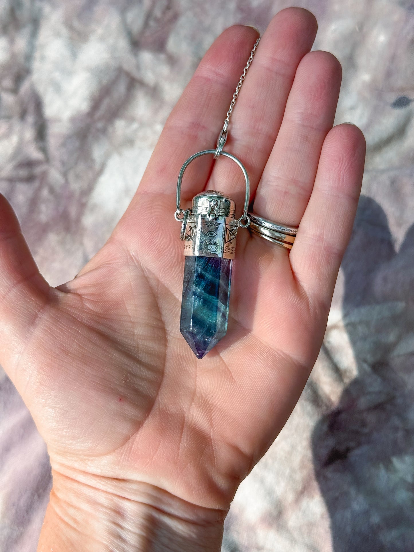 Rainbow Fluorite Pendulum Pendant Sterling Silver