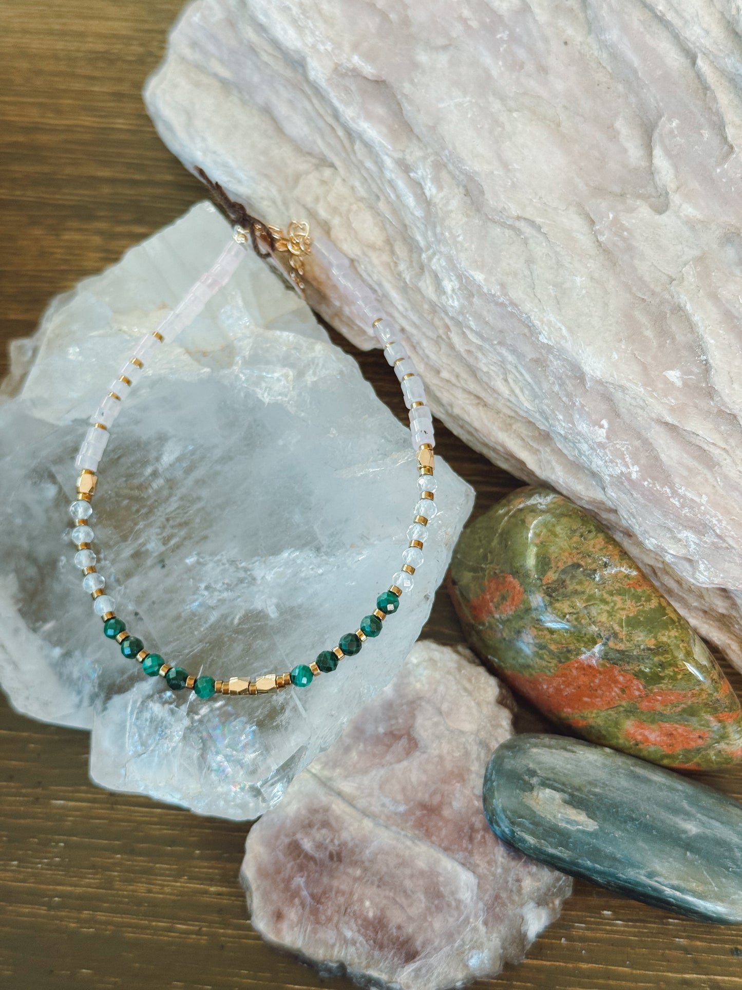 Love Faceted Bracelet – Malachite, Rose Quartz & Moonstone Faceted Beads