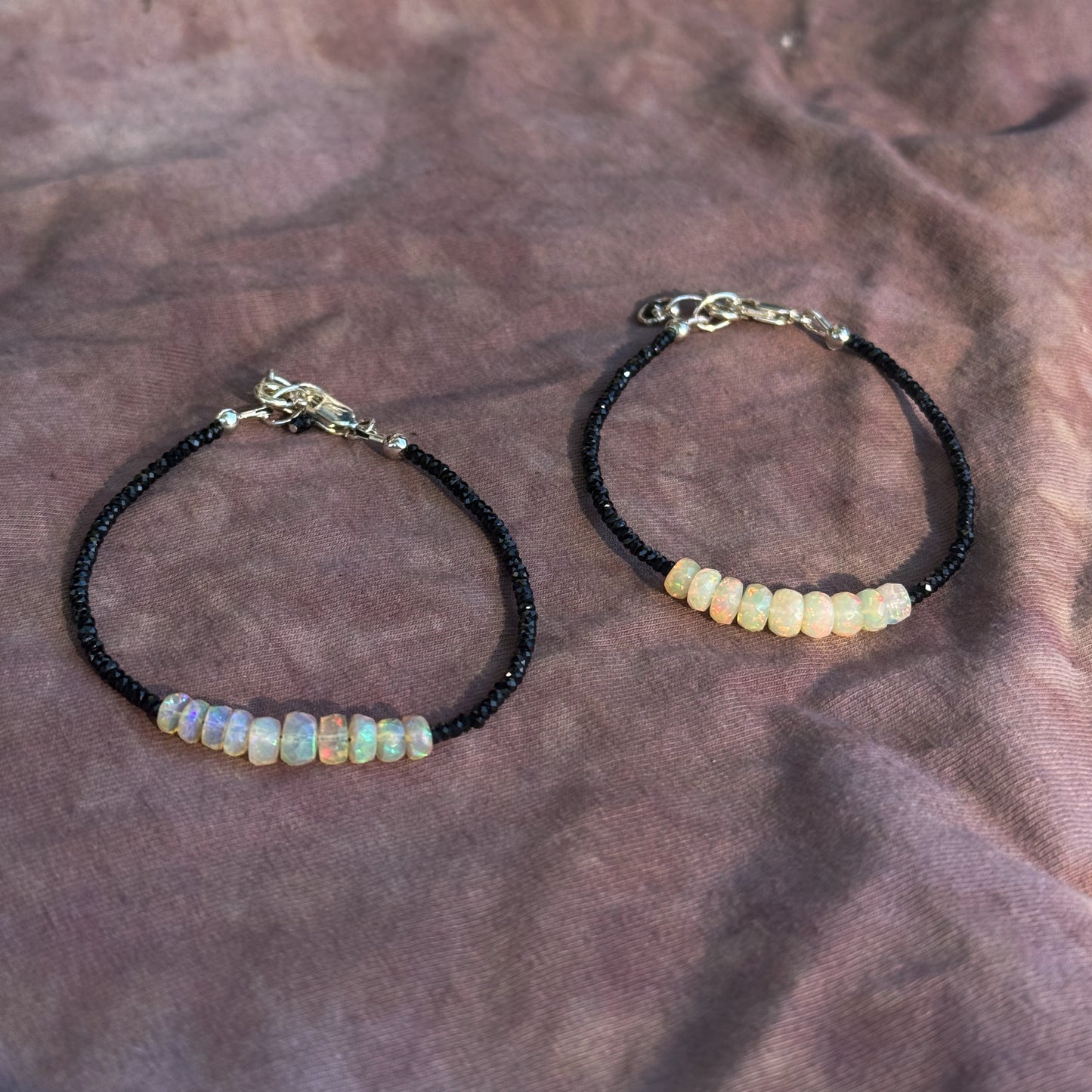 Faceted Ethiopian Opal & Black Spinel Sterling adjustable bracelet