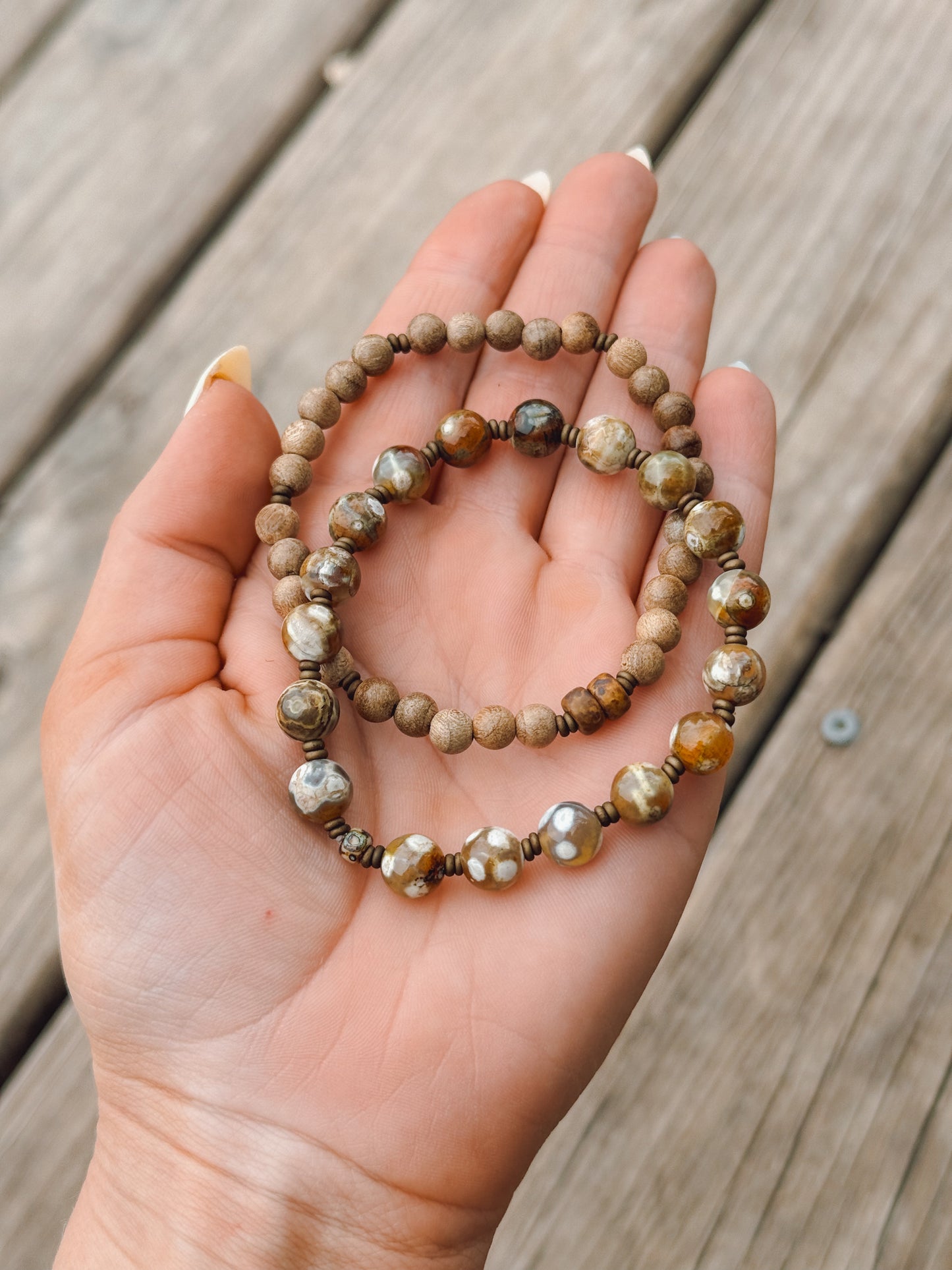 Desert Clouds Bracelet Set // Flower Agate & Sandalwood