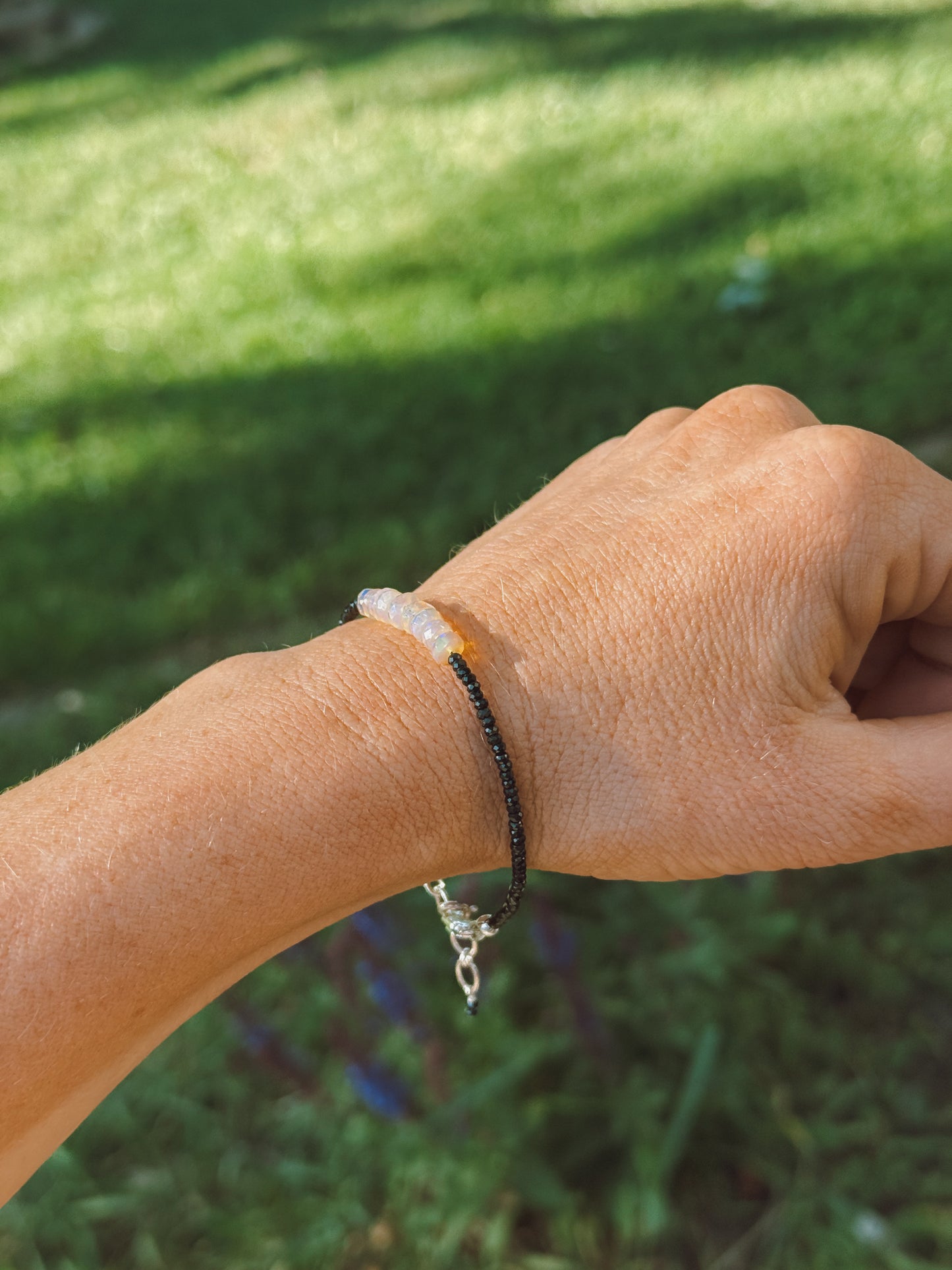 Faceted Ethiopian Opal & Black Spinel Sterling adjustable bracelet