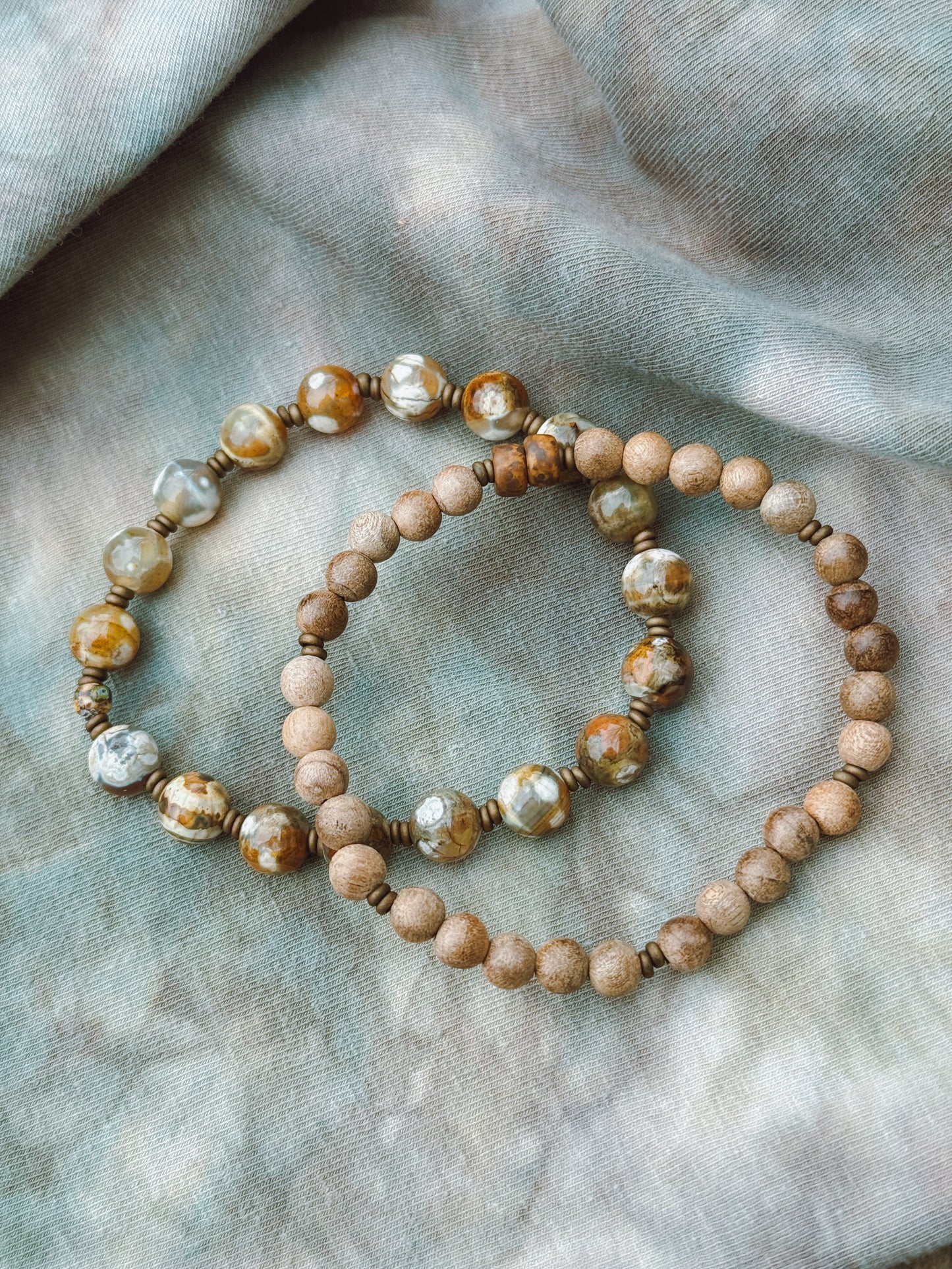 Desert Clouds Bracelet Set // Flower Agate & Sandalwood