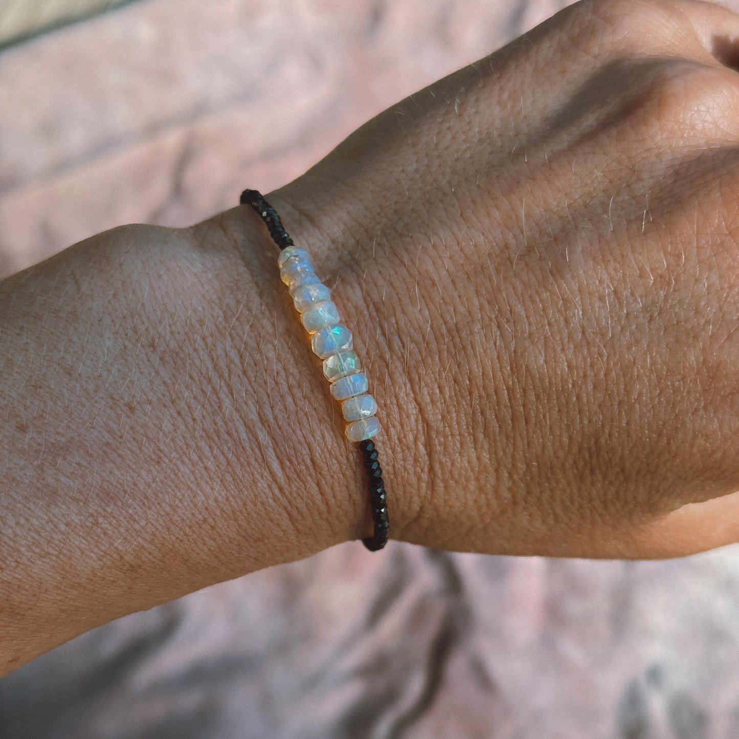 Faceted Ethiopian Opal & Black Spinel Sterling adjustable bracelet