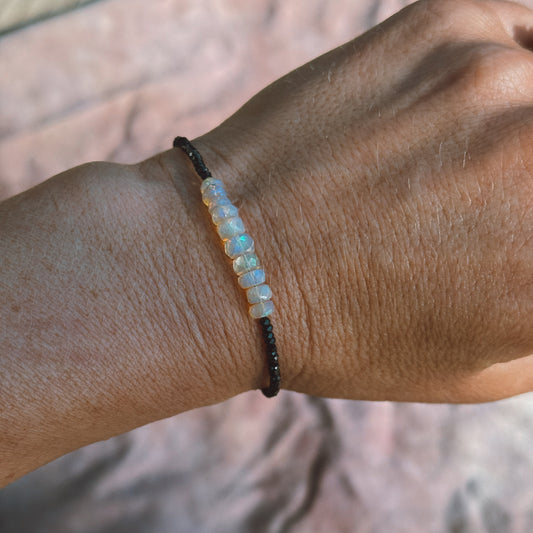 Faceted Ethiopian Opal & Black Spinel Sterling adjustable bracelet