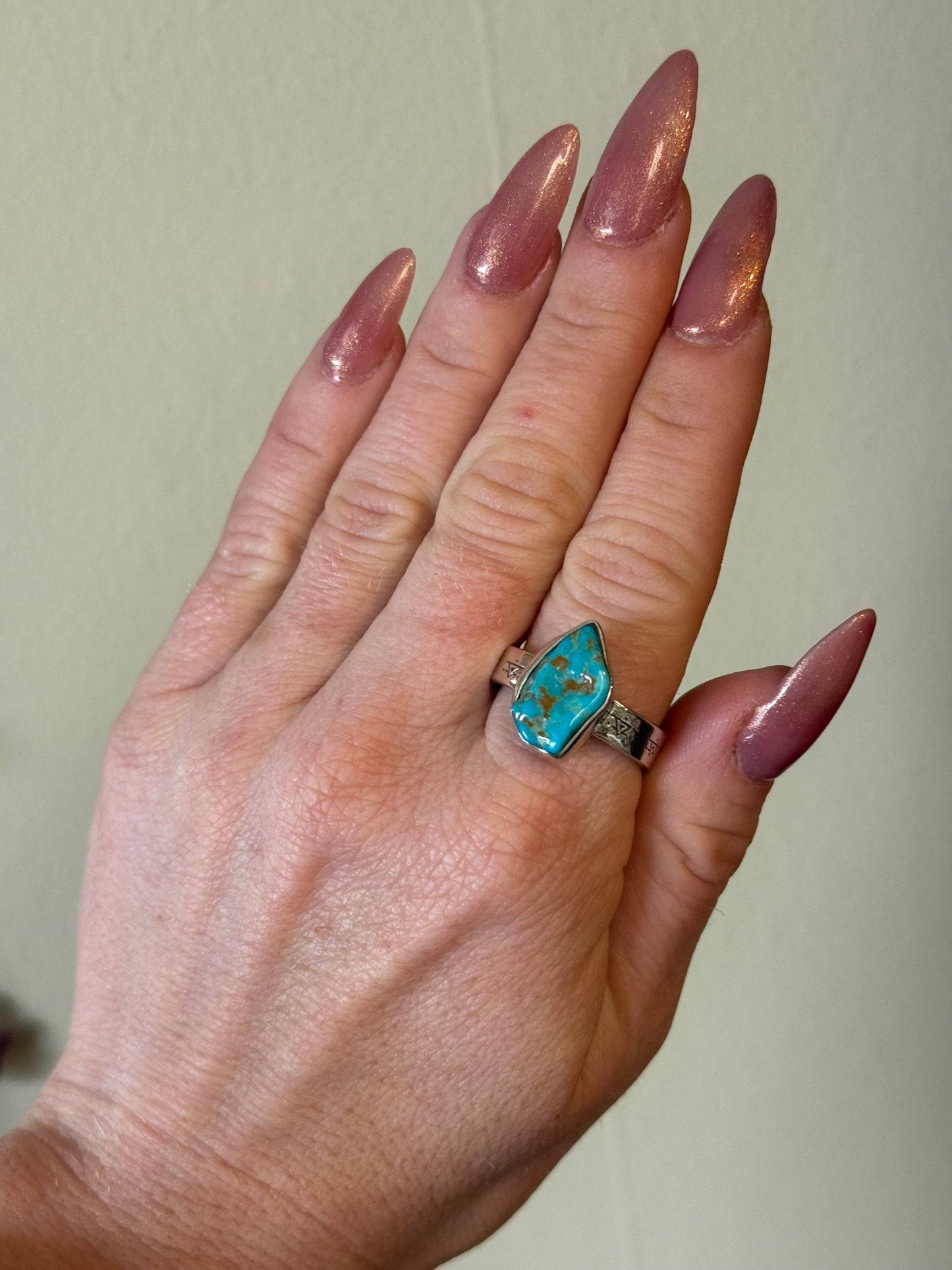 Turquoise Sterling silver ring with stamped band 10 1/4