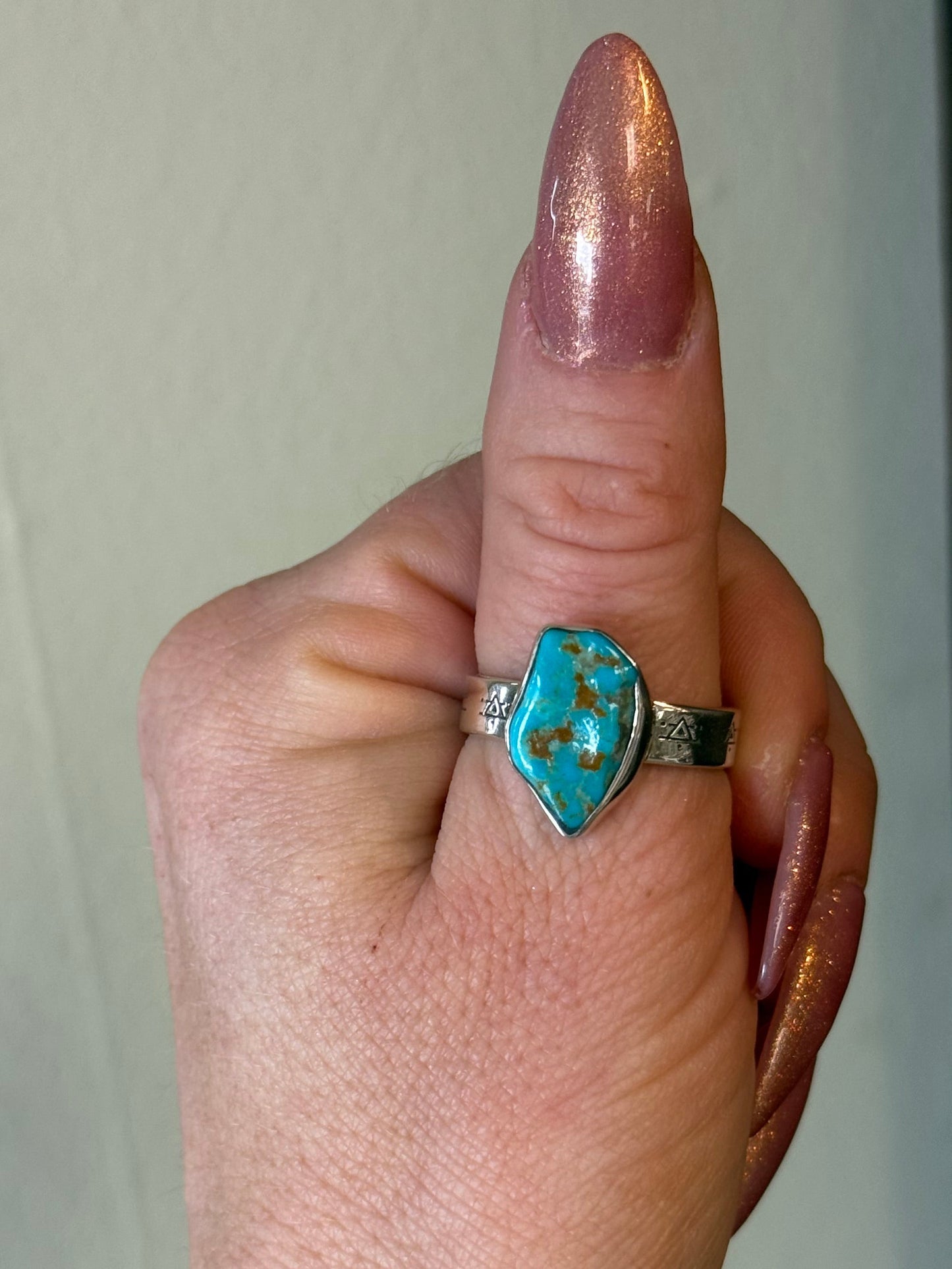 Turquoise Sterling silver ring with stamped band 10 1/4