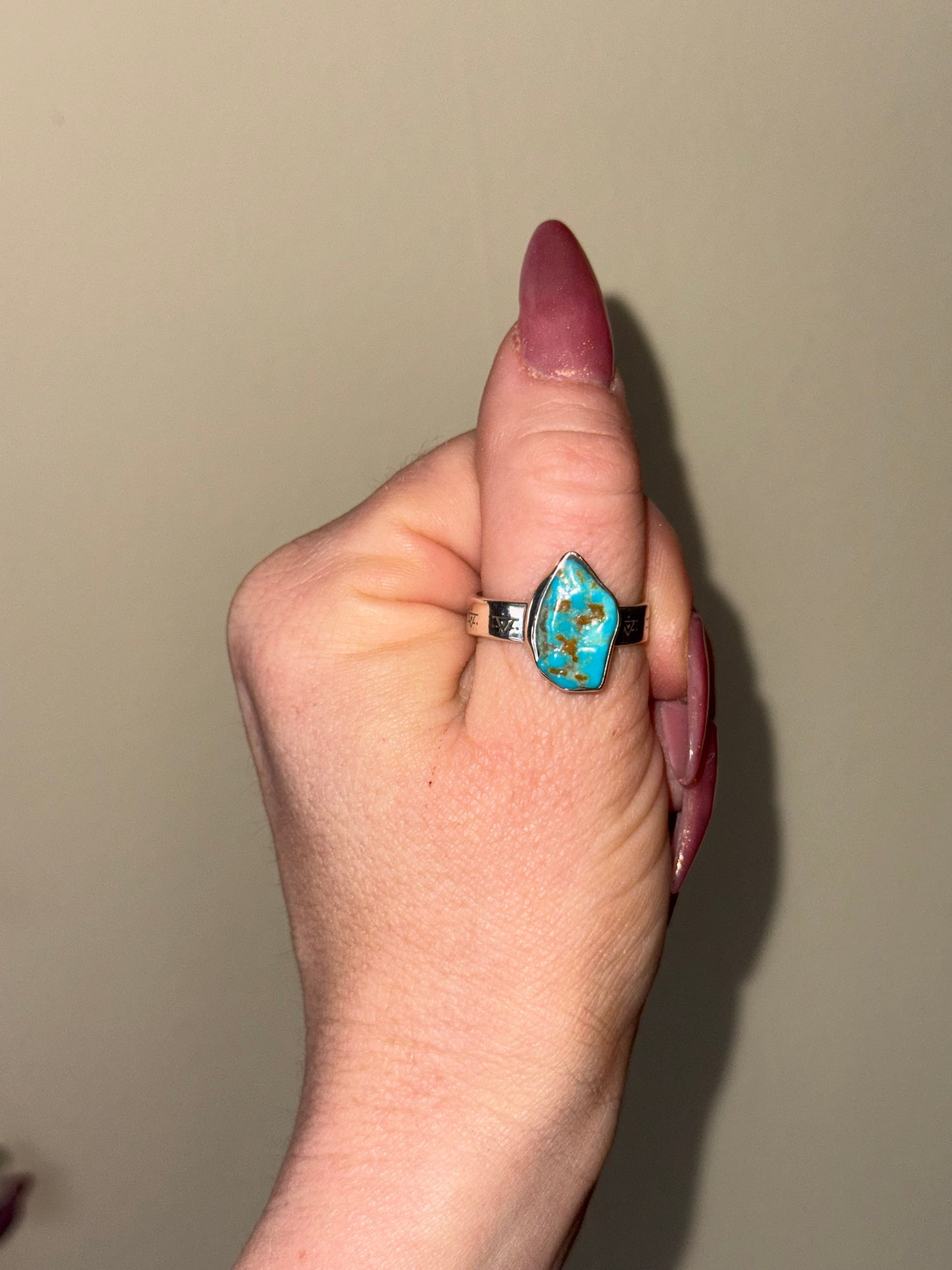 Turquoise Sterling silver ring with stamped band 10 1/4