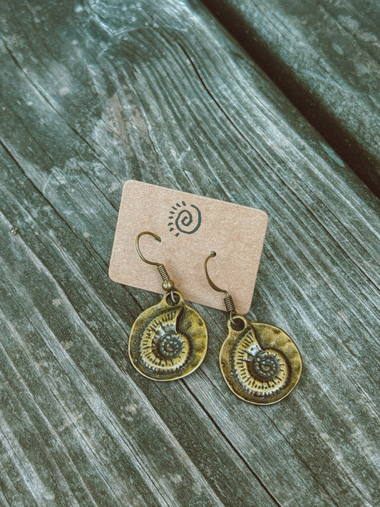 Ammonite Spiral Charm Earrings – Bronze Plated