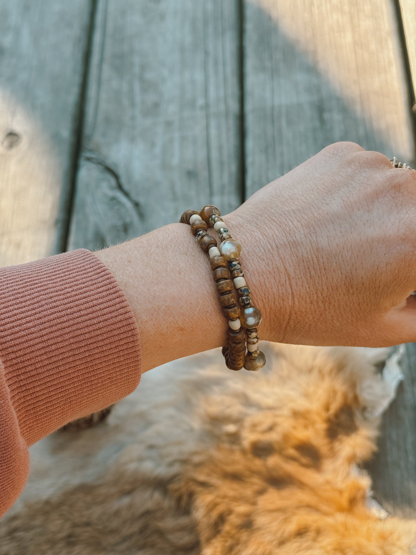 Sand & stone bracelet set // flower agate