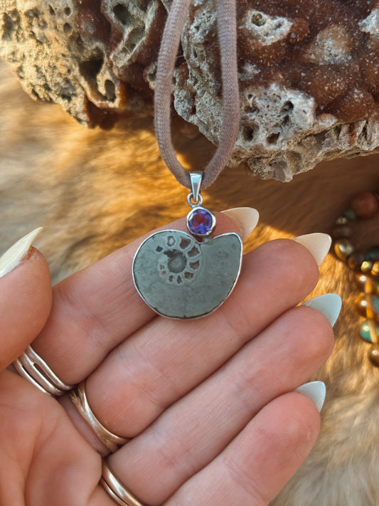 Ancient Spirals // Pyrite Ammonite & Amethyst Sterling Pendant