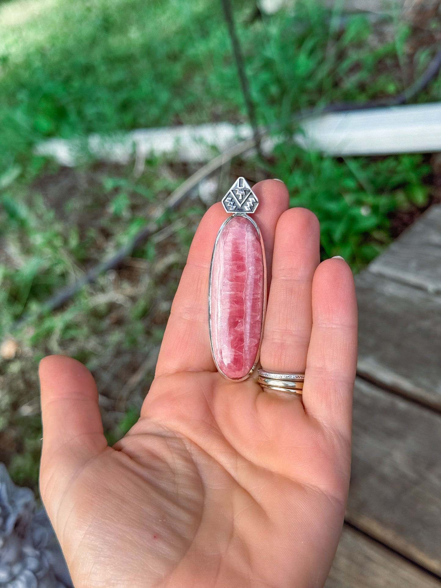 Rhodochrosite Aztec Pendant Sterling Silver