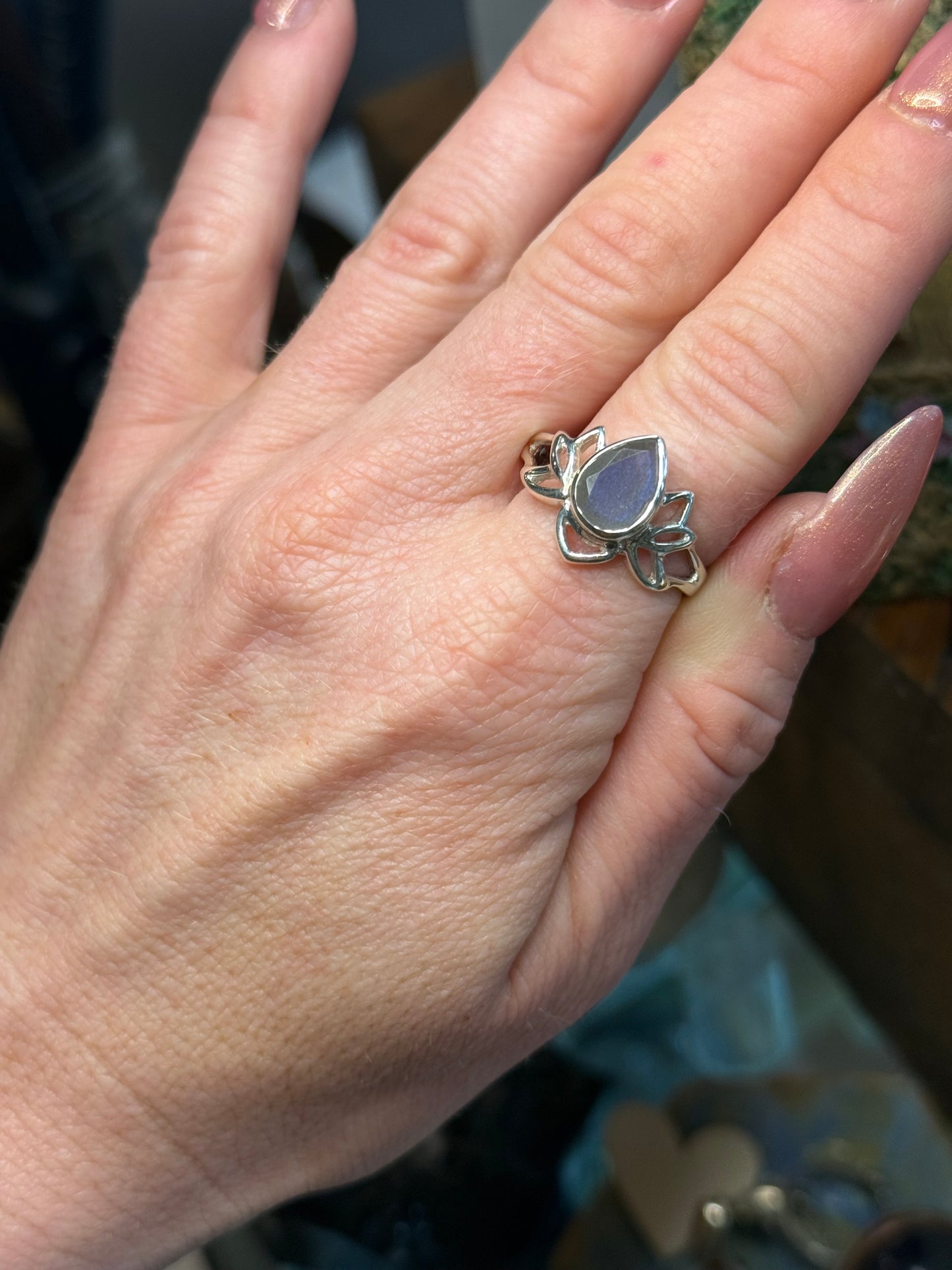 Labradorite Lotus sterling silver ring size 10