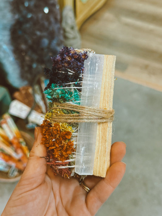 Chakra Flower Smudge Bundle with Selenite