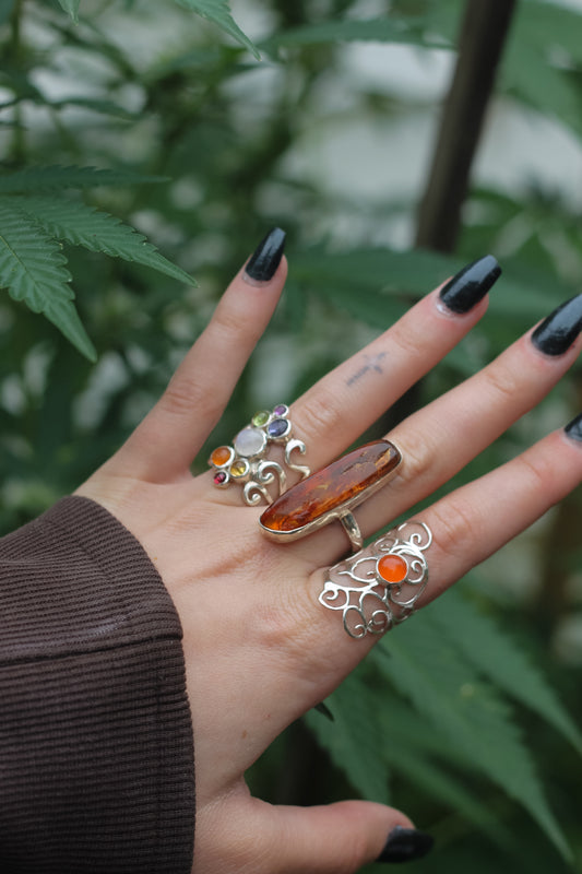 Golden Ember | Large Amber Sterling Silver Statement Ring
