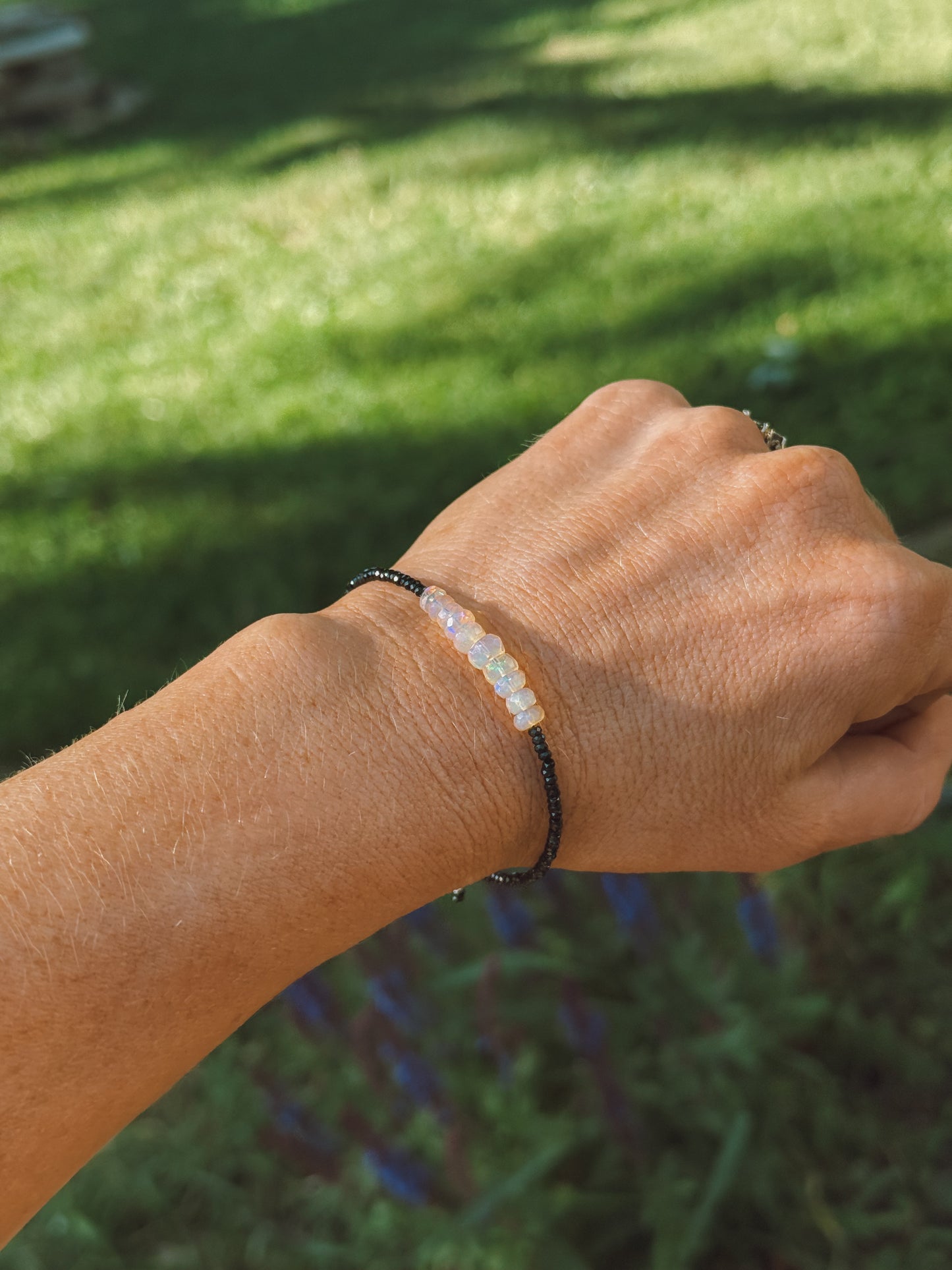 Faceted Ethiopian Opal & Black Spinel Sterling adjustable bracelet