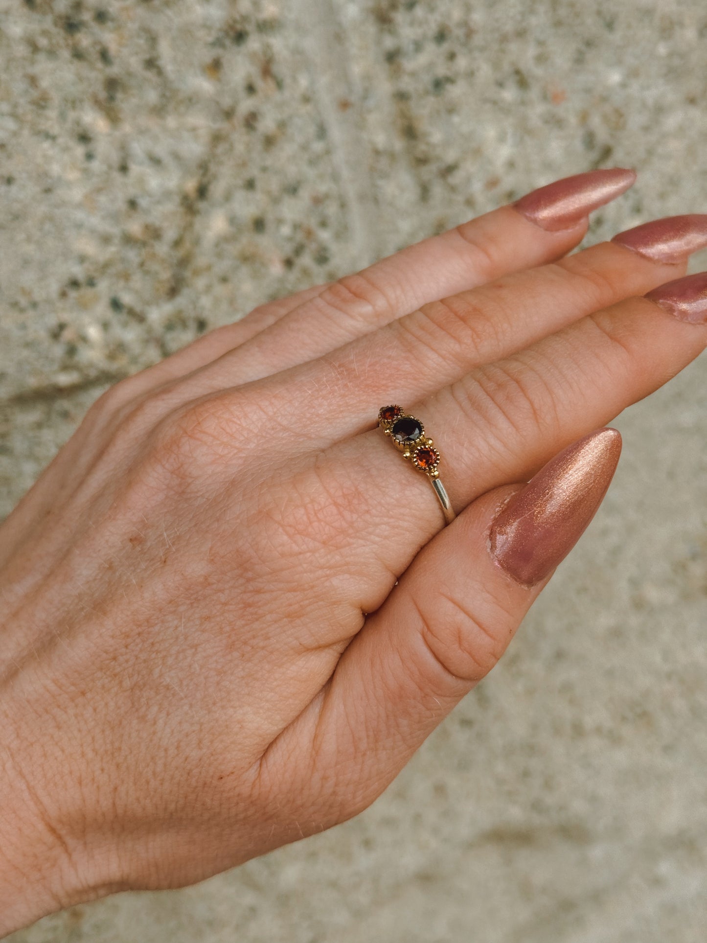 Smoky & Garnet Sterling Silver & Brass Ring size 9