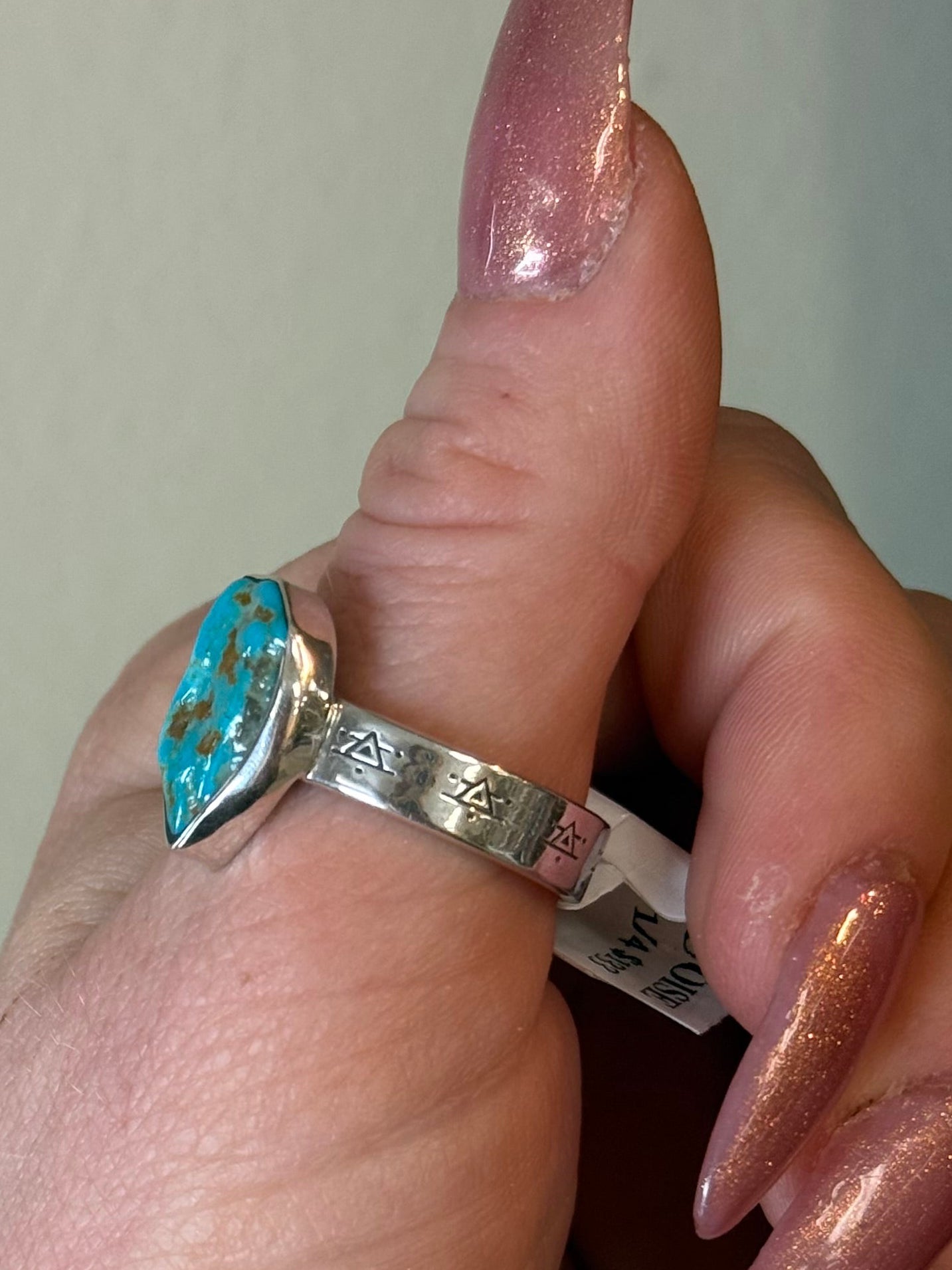 Turquoise Sterling silver ring with stamped band 10 1/4