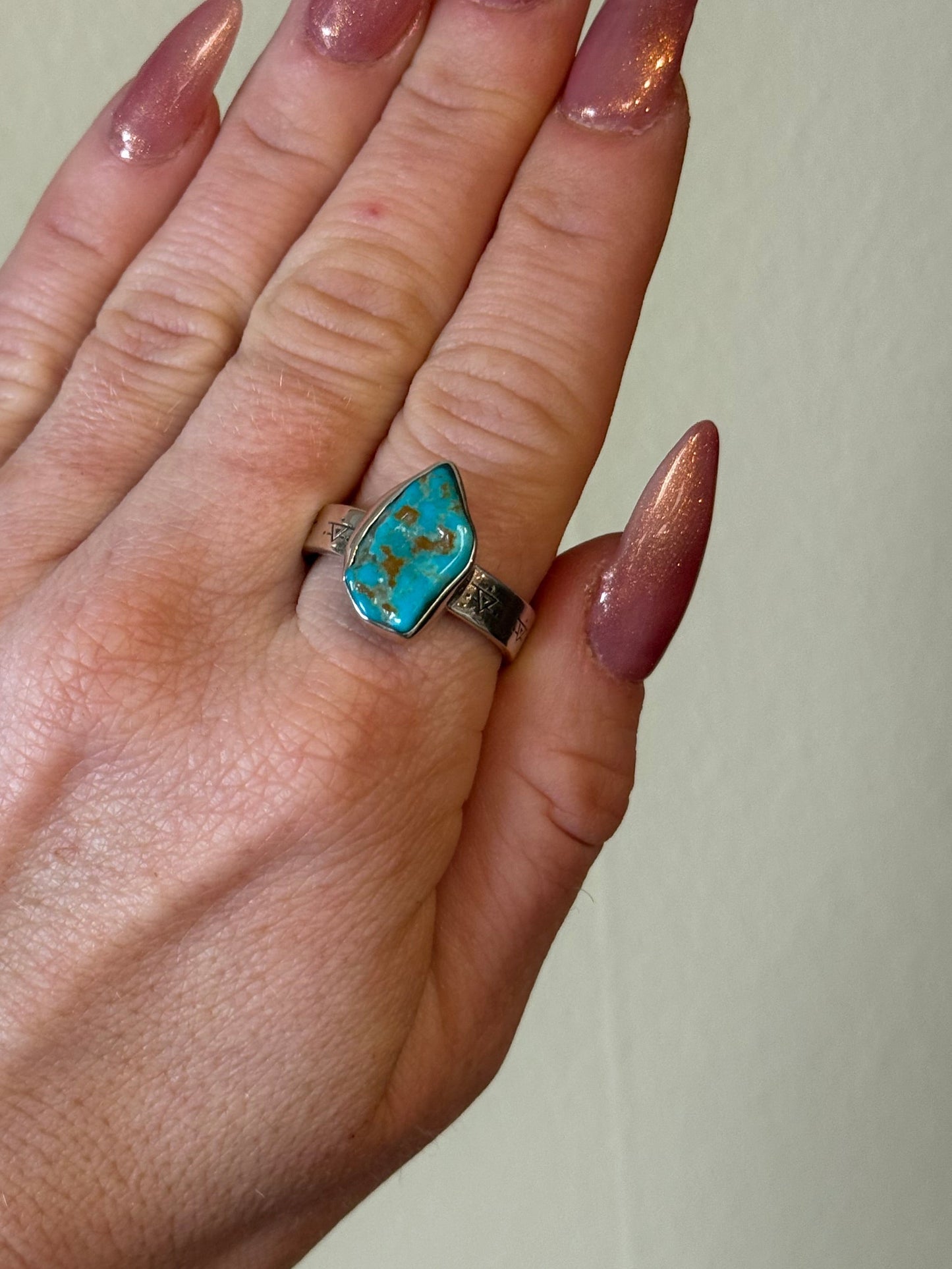 Turquoise Sterling silver ring with stamped band 10 1/4
