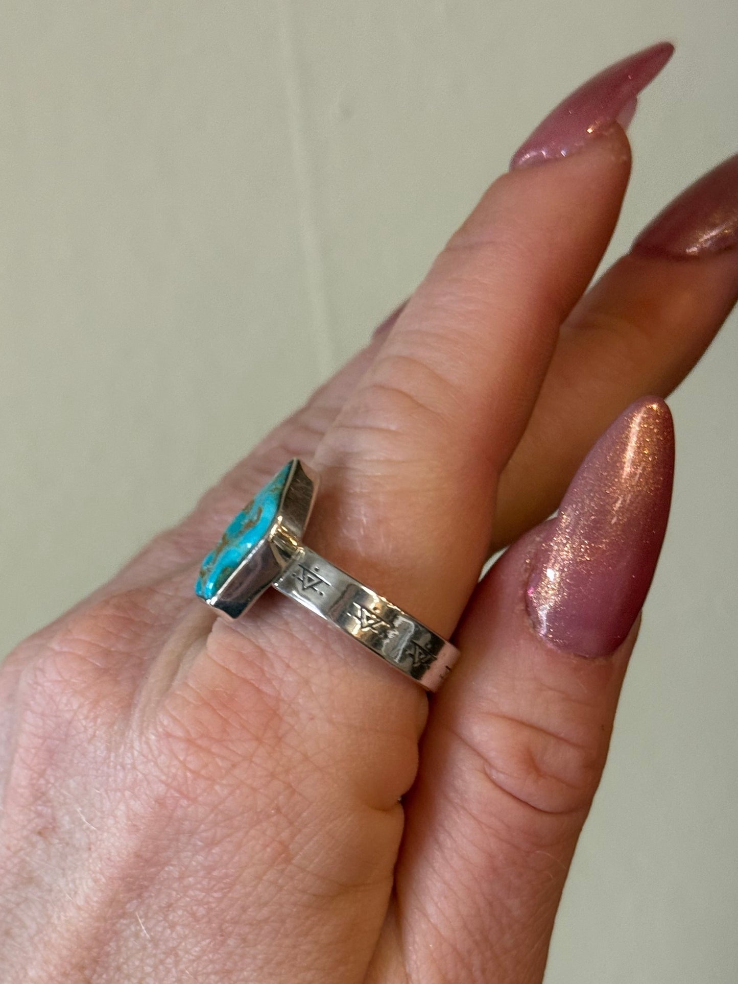 Turquoise Sterling silver ring with stamped band 10 1/4