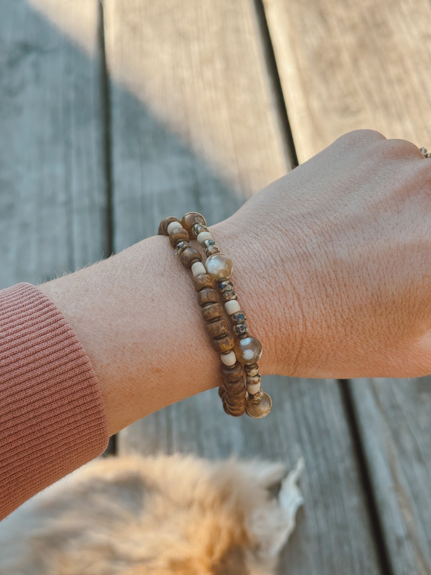 Sand & stone bracelet set // flower agate
