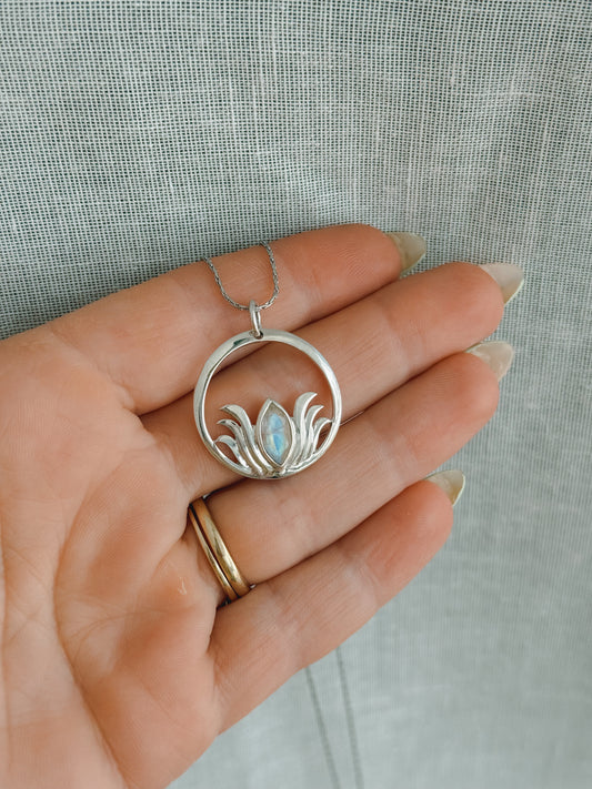 Moonstone lotus Sterling silver pendant