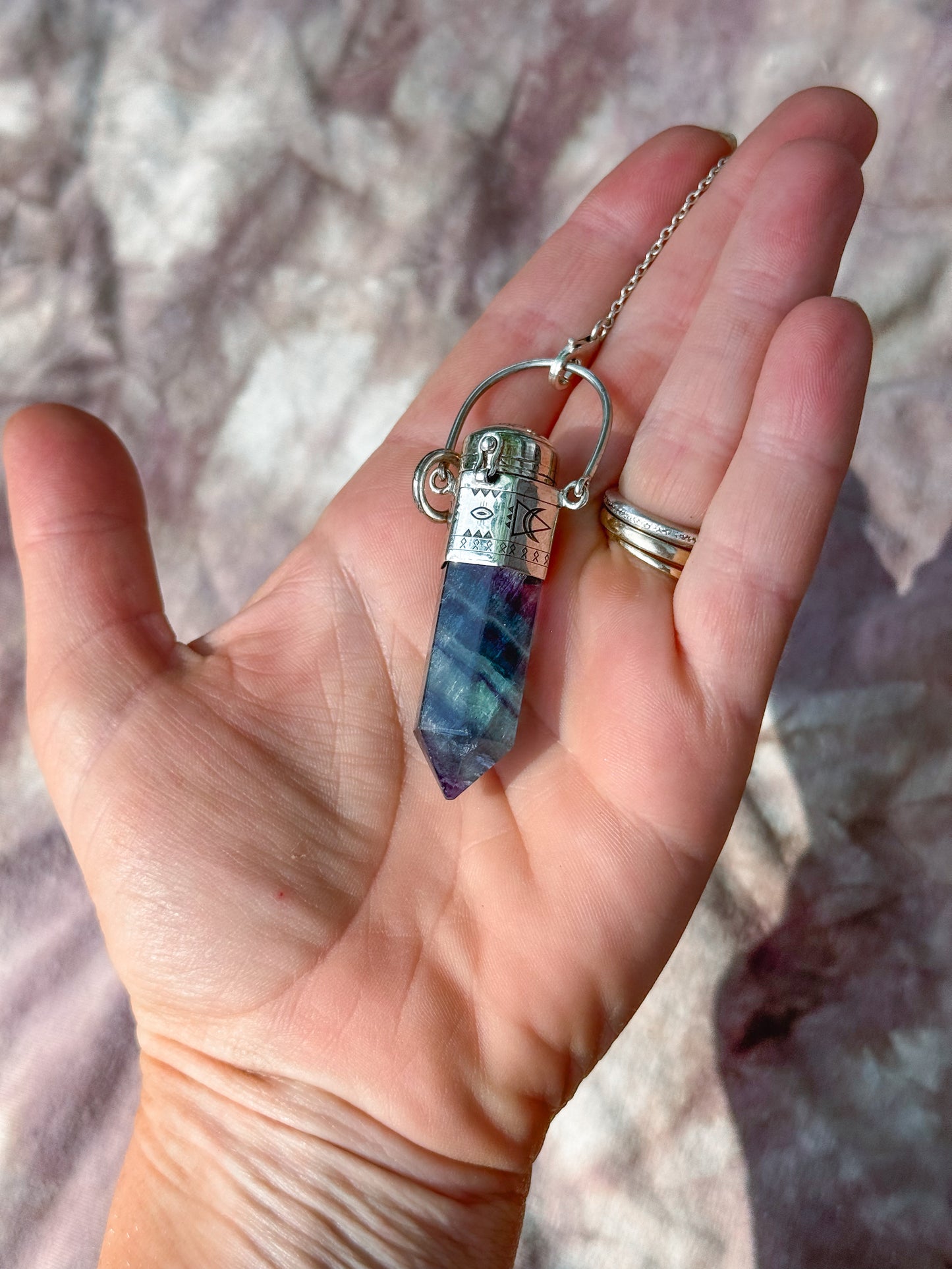 Rainbow Fluorite Pendulum Pendant Sterling Silver
