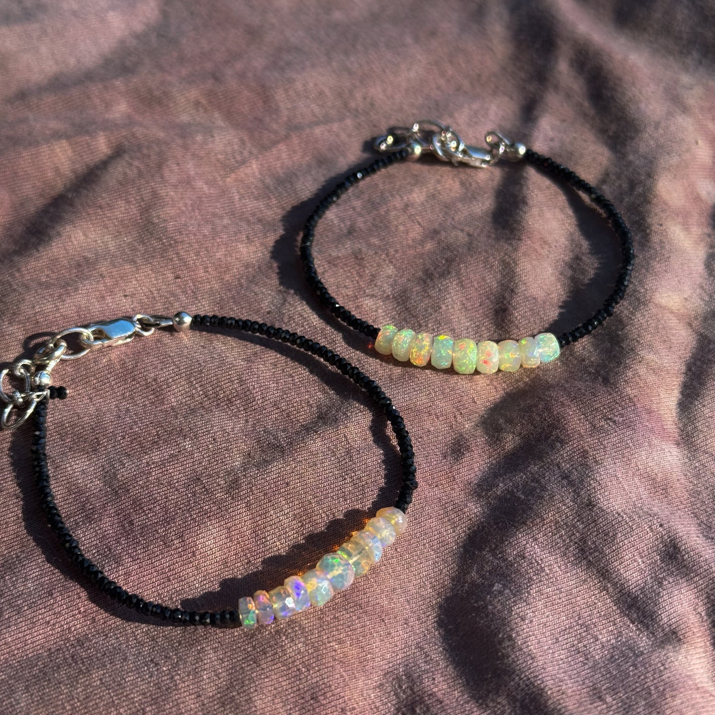 Faceted Ethiopian Opal & Black Spinel Sterling adjustable bracelet