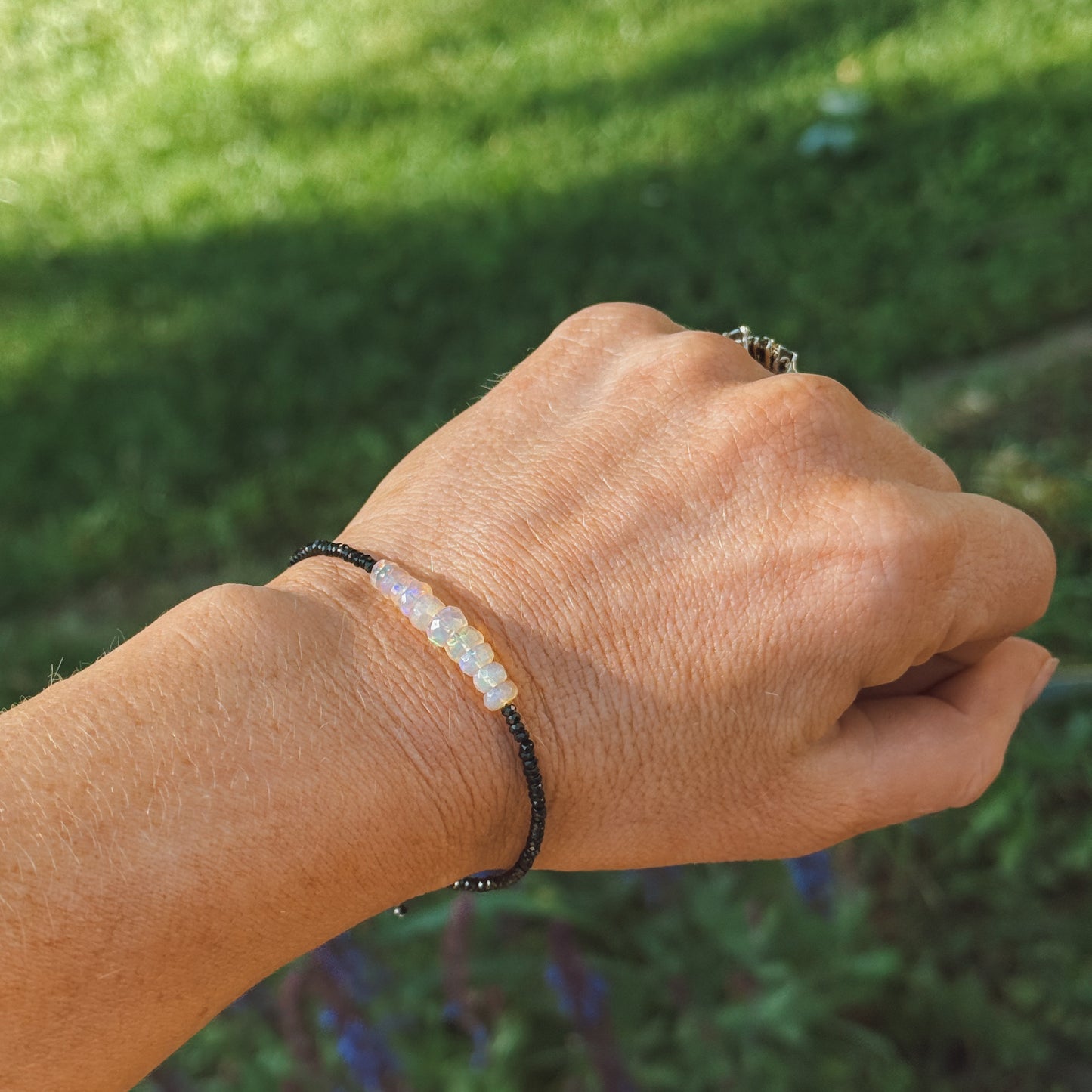 Faceted Ethiopian Opal & Black Spinel Sterling adjustable bracelet