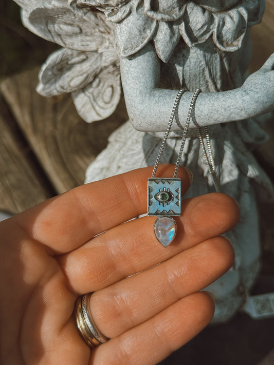 Rainbow Moonstone & Emerald Sterling Silver Pendant