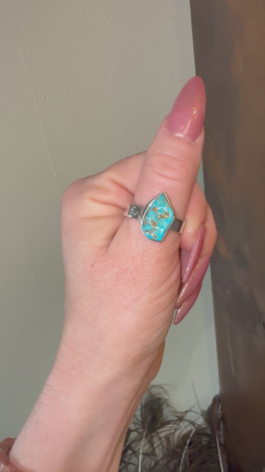 Turquoise Sterling silver ring with stamped band 10 1/4