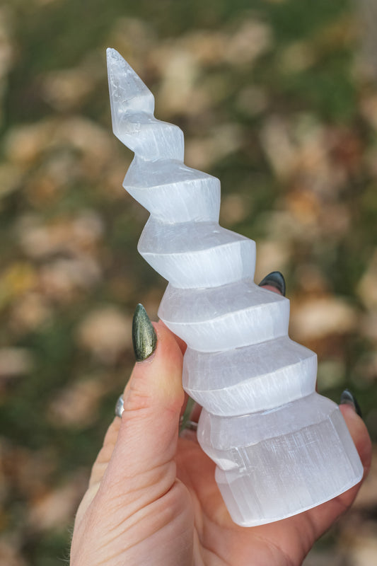 Unicorn Selenite spiral tower stone